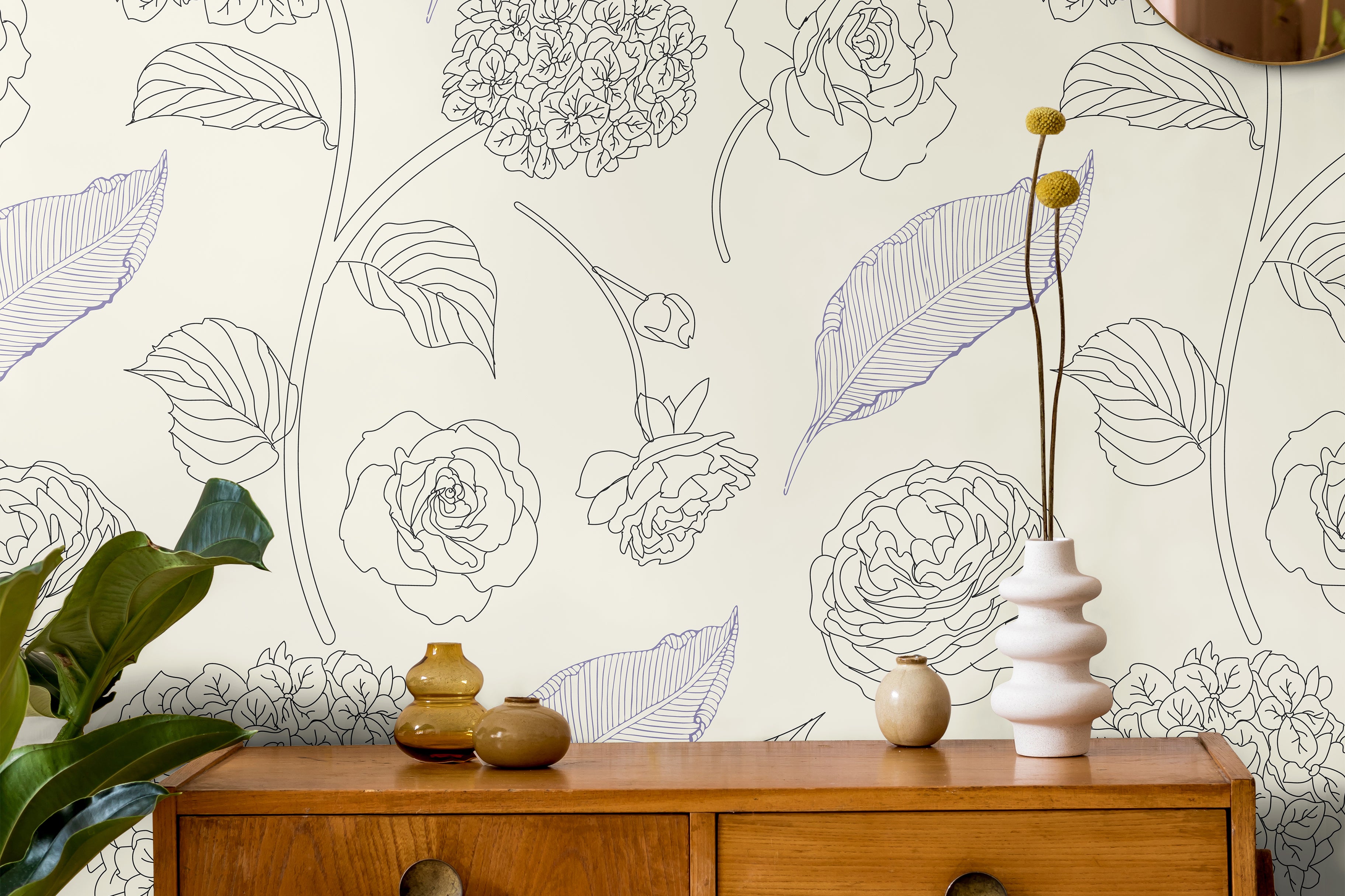 Large Drawn florals on Cream ivory background