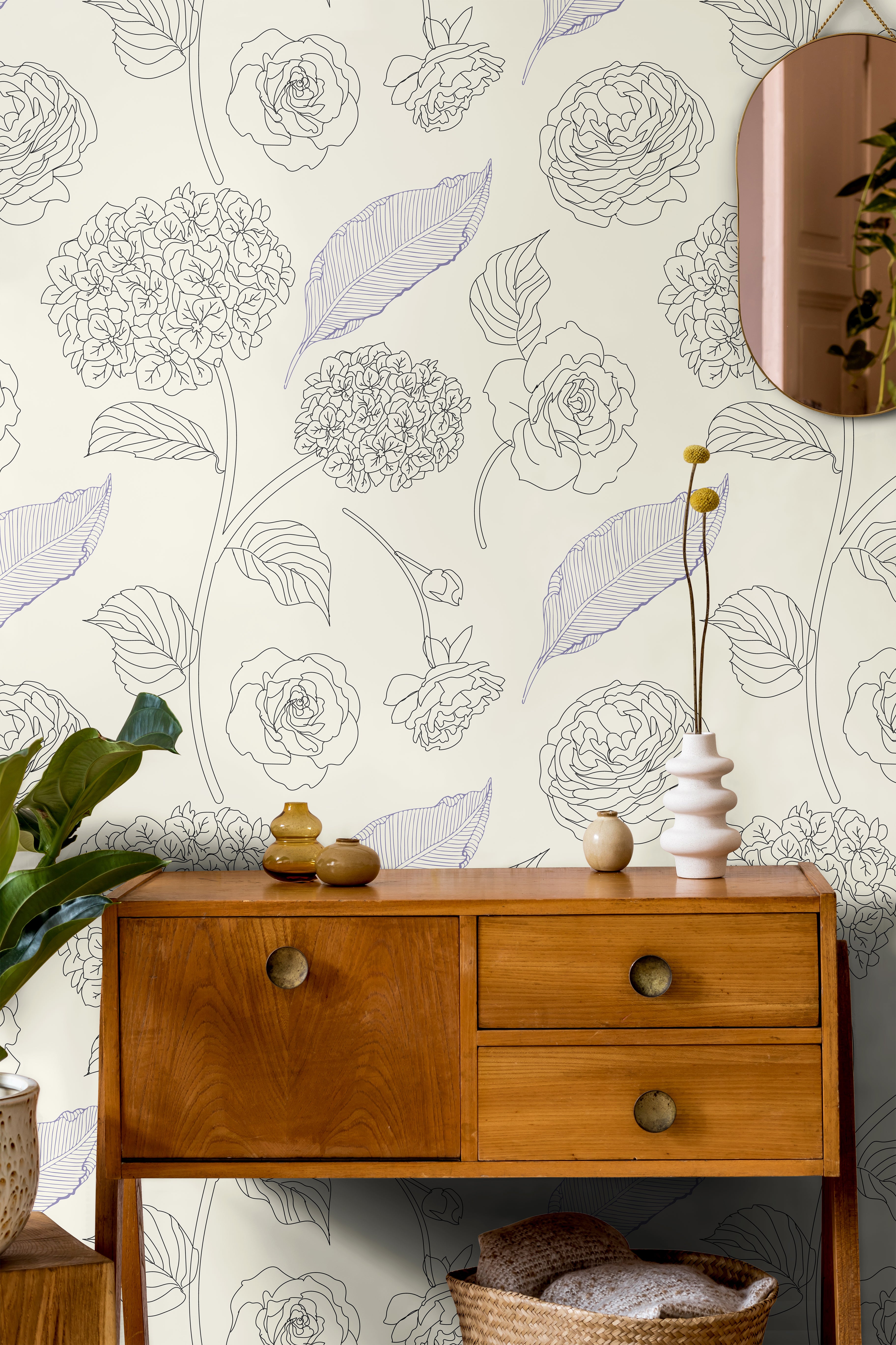Large Drawn florals on Cream ivory background