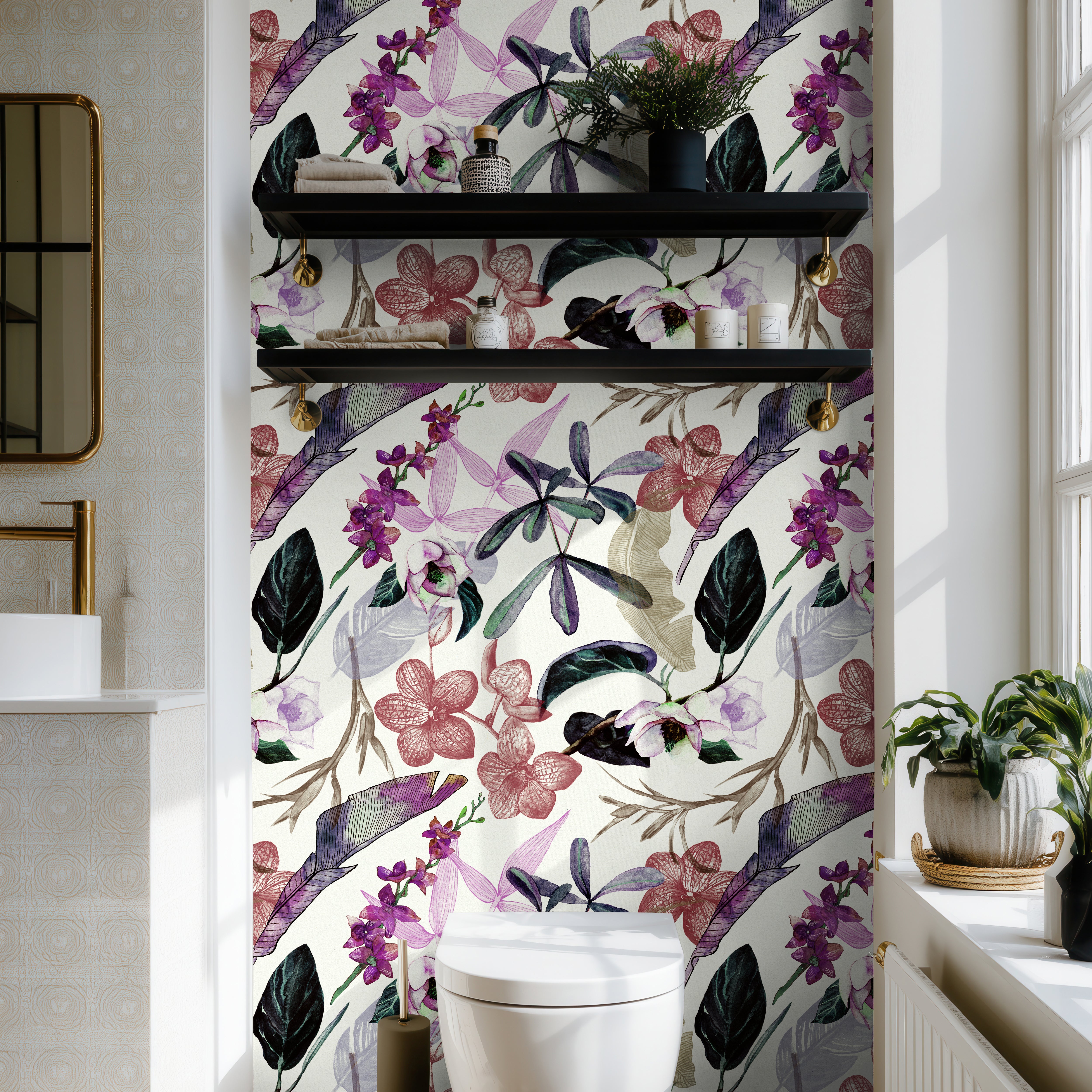 colorful purple botanical wallpaper in modern bathroom interior