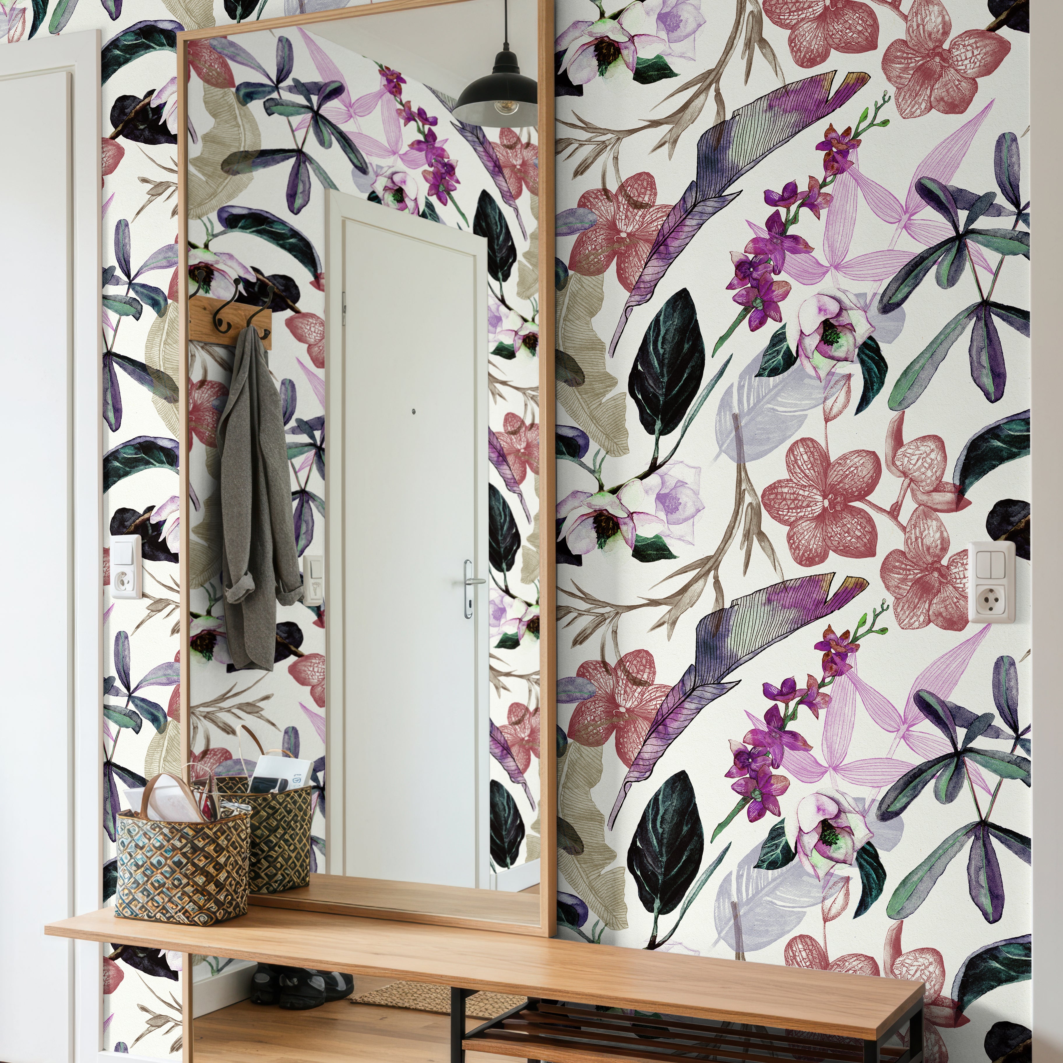 vivid orchid and palm leaf wallpaper design in modern entryway