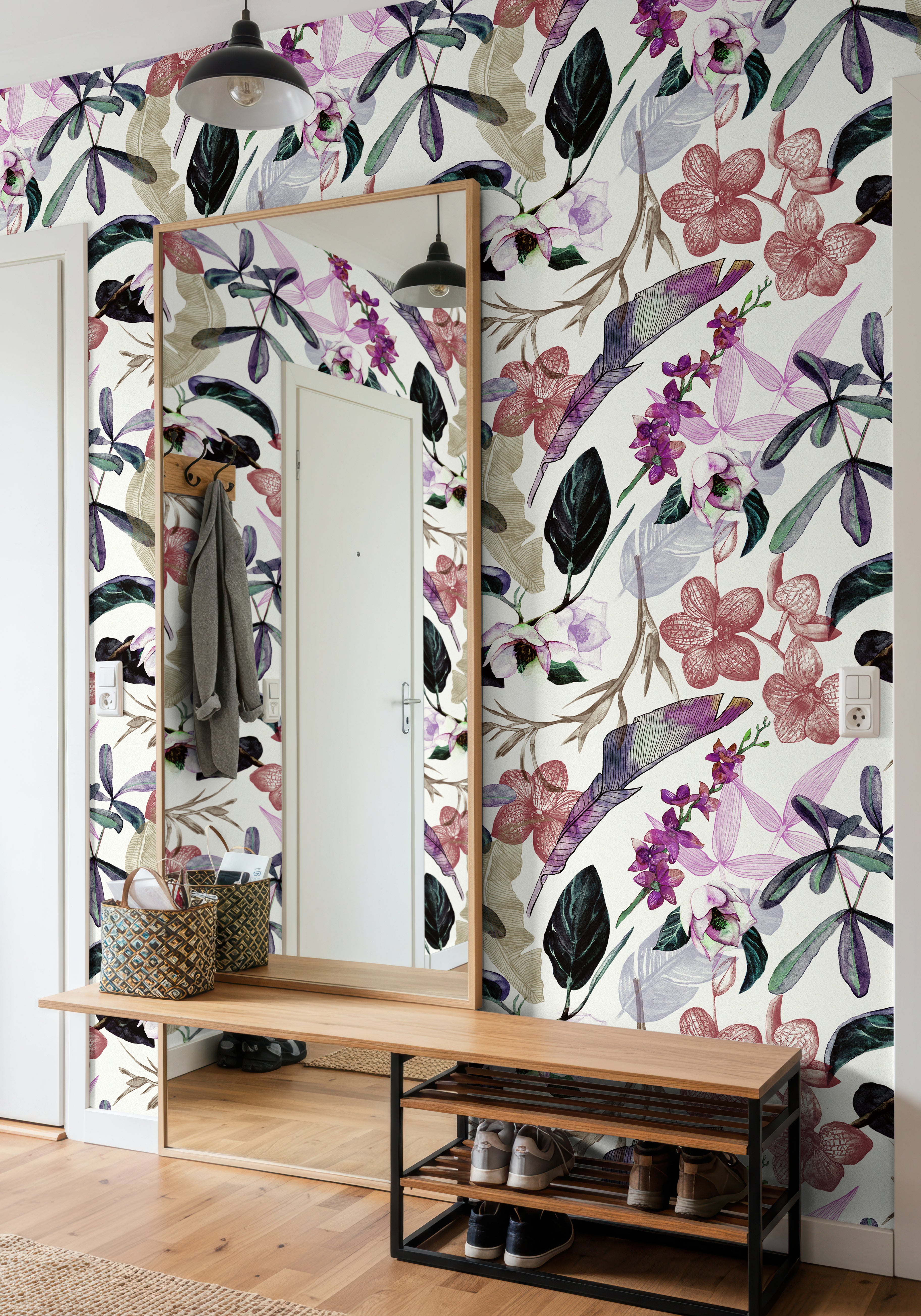 vivid orchid and palm leaf wallpaper design in modern entryway