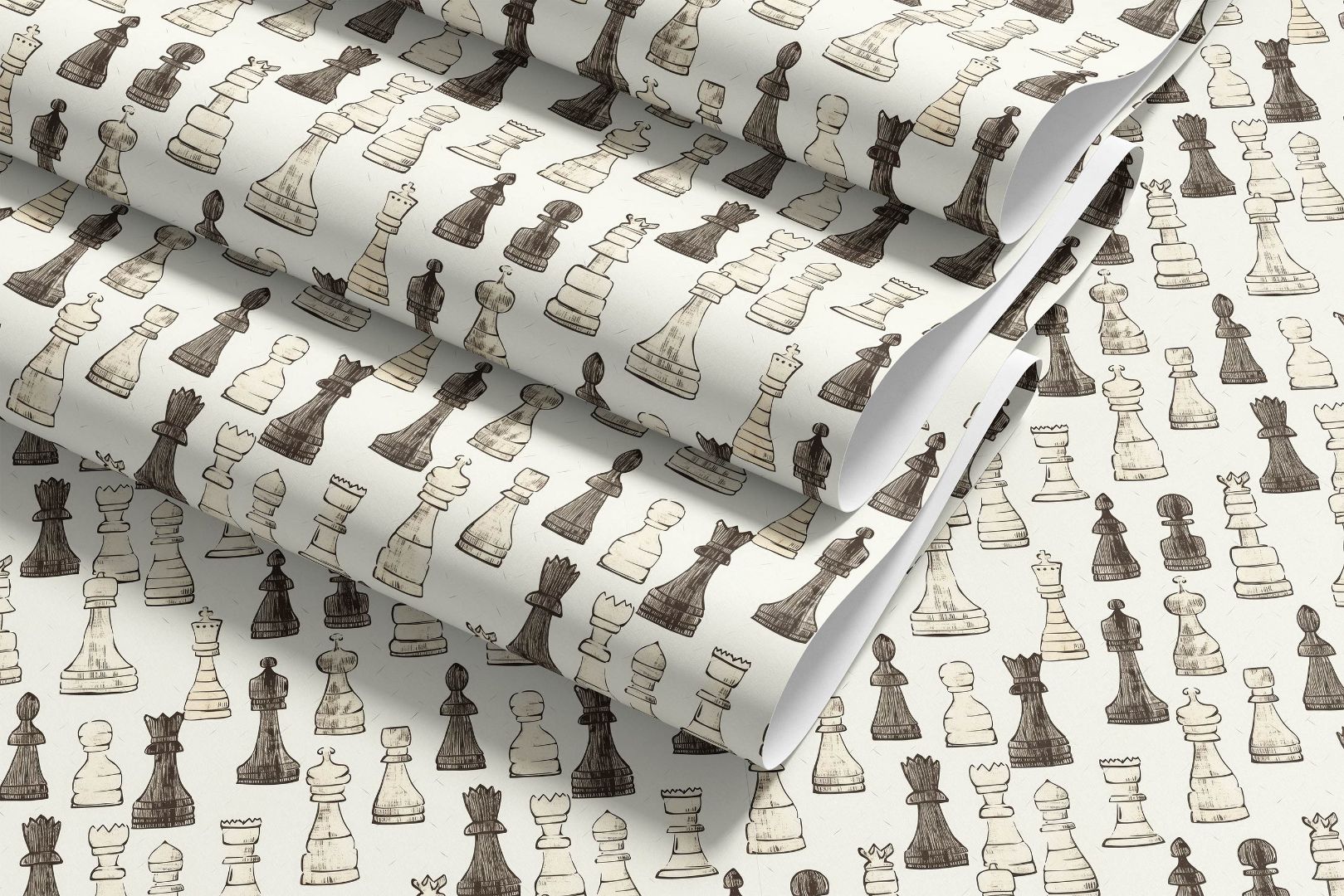 Knight’s Study contact paper roll displayed partially unrolled, revealing repeating chess motifs in elegant pencil-drawn style across a creamy textured surface.
