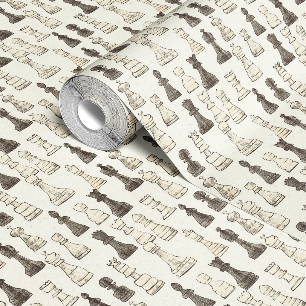 Close-up of Knight’s Study contact paper roll showing hand-sketched chess pieces in taupe and charcoal on a soft cream background.