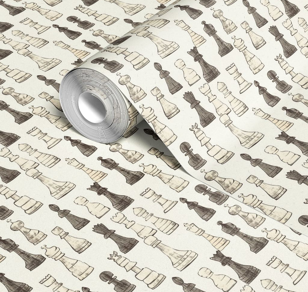 Close-up of Knight’s Study contact paper roll showing hand-sketched chess pieces in taupe and charcoal on a soft cream background.