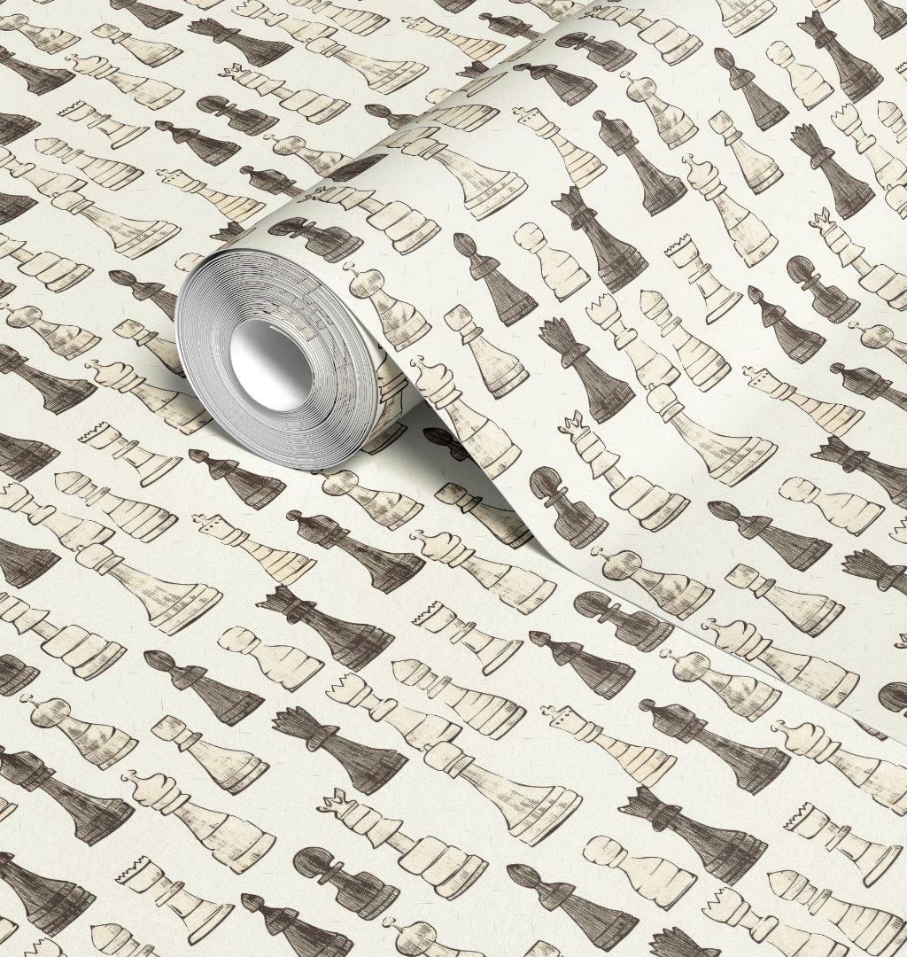 Close-up of Knight’s Study contact paper roll showing hand-sketched chess pieces in taupe and charcoal on a soft cream background.