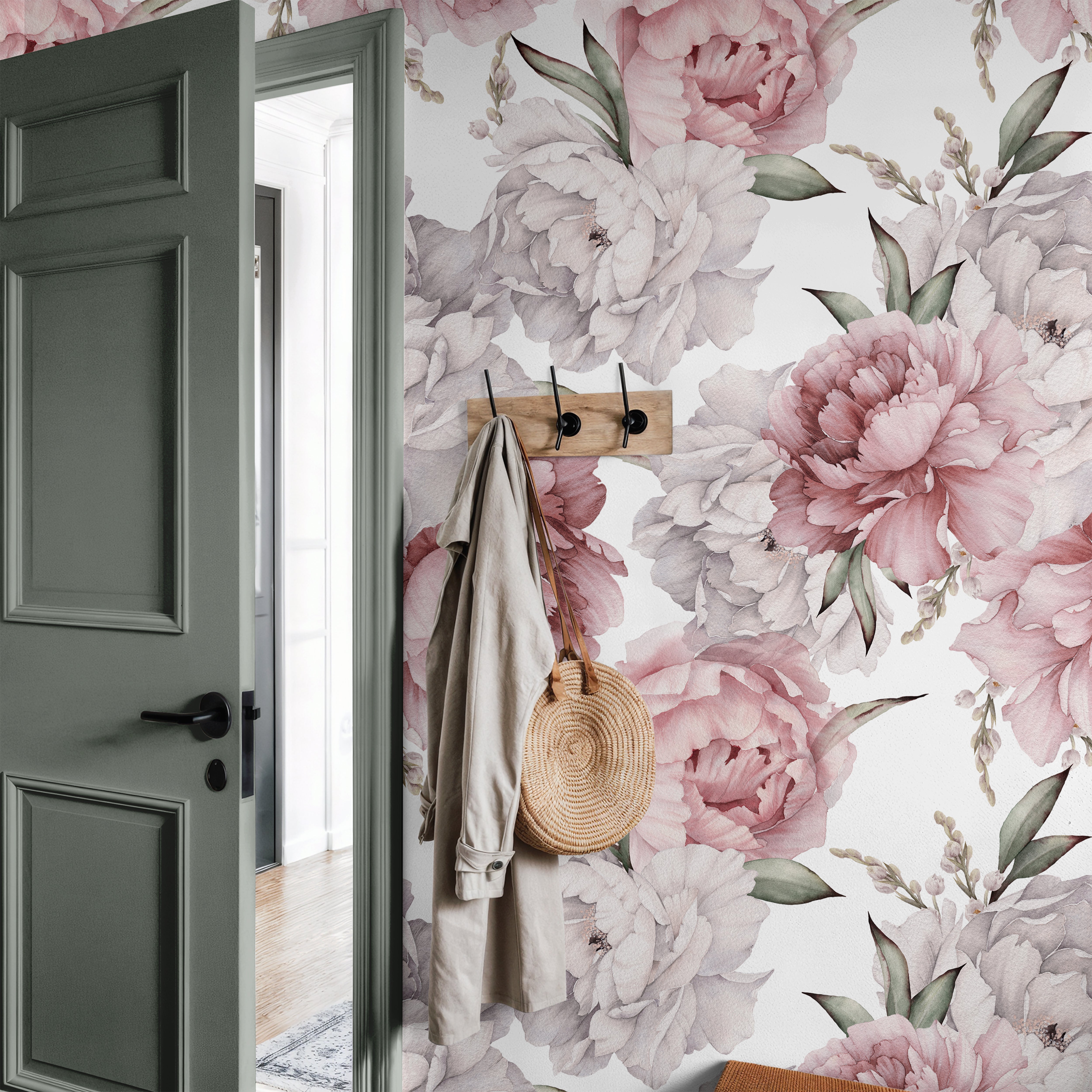 Watercolor purple and pink large scale peonies with green painted accent door in farmhouse entryway