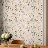 lavender floral wallpaper in dining room with soft pastel tones and natural light