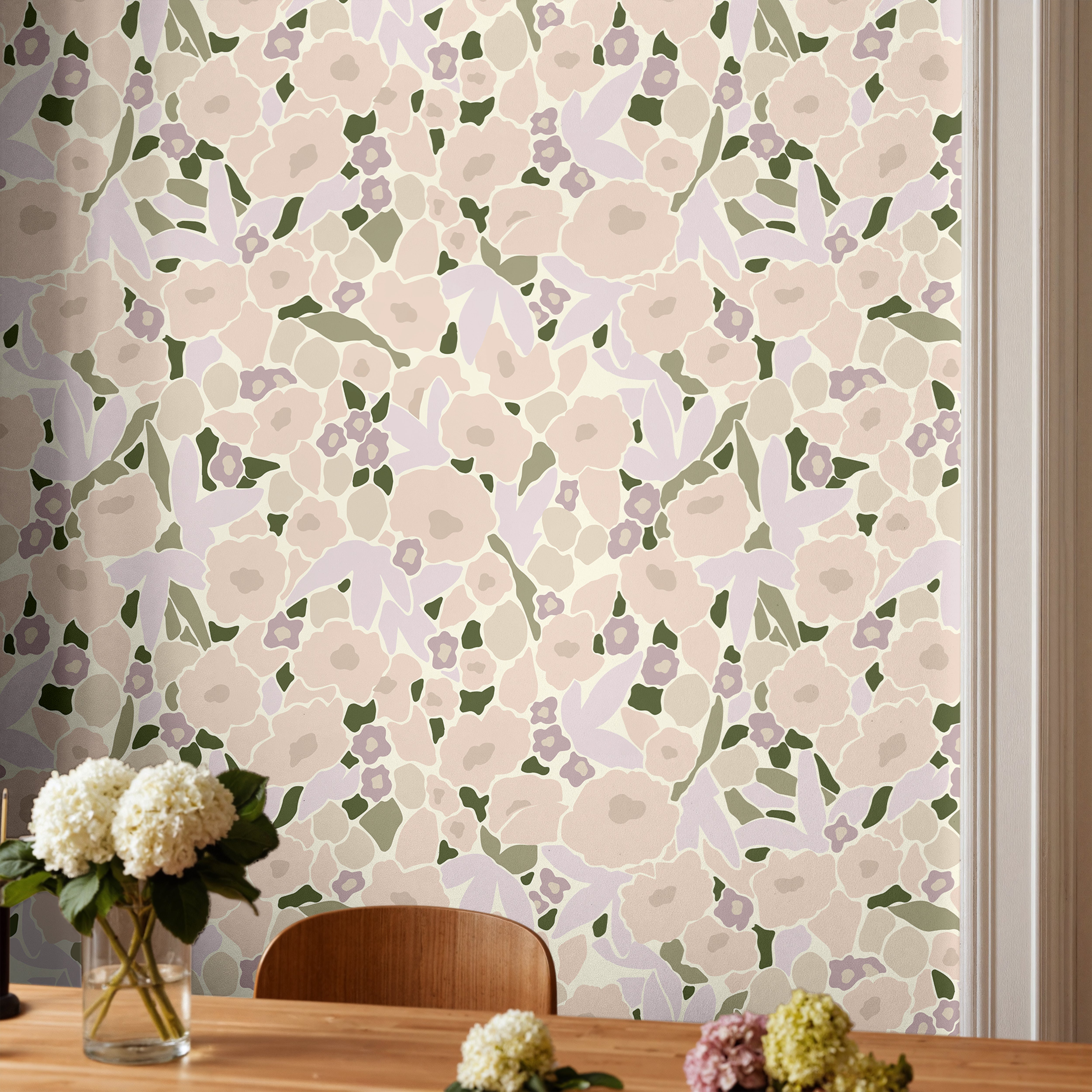 lavender floral wallpaper in dining room with soft pastel tones and natural light