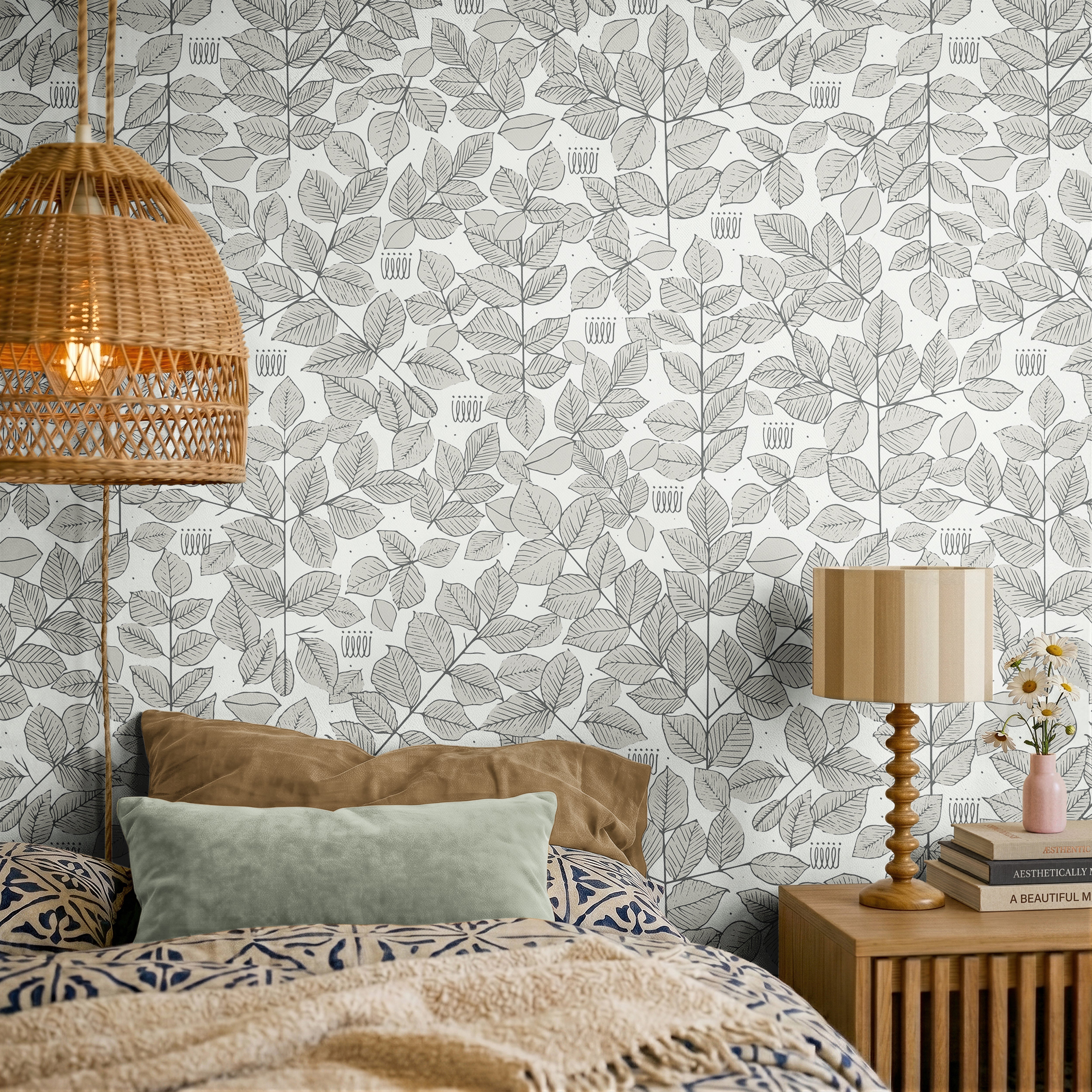 Gray leaves busy wallcovering styled in boho interior