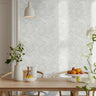 Hand drawn line art florals with white background styled in bright dining room interior