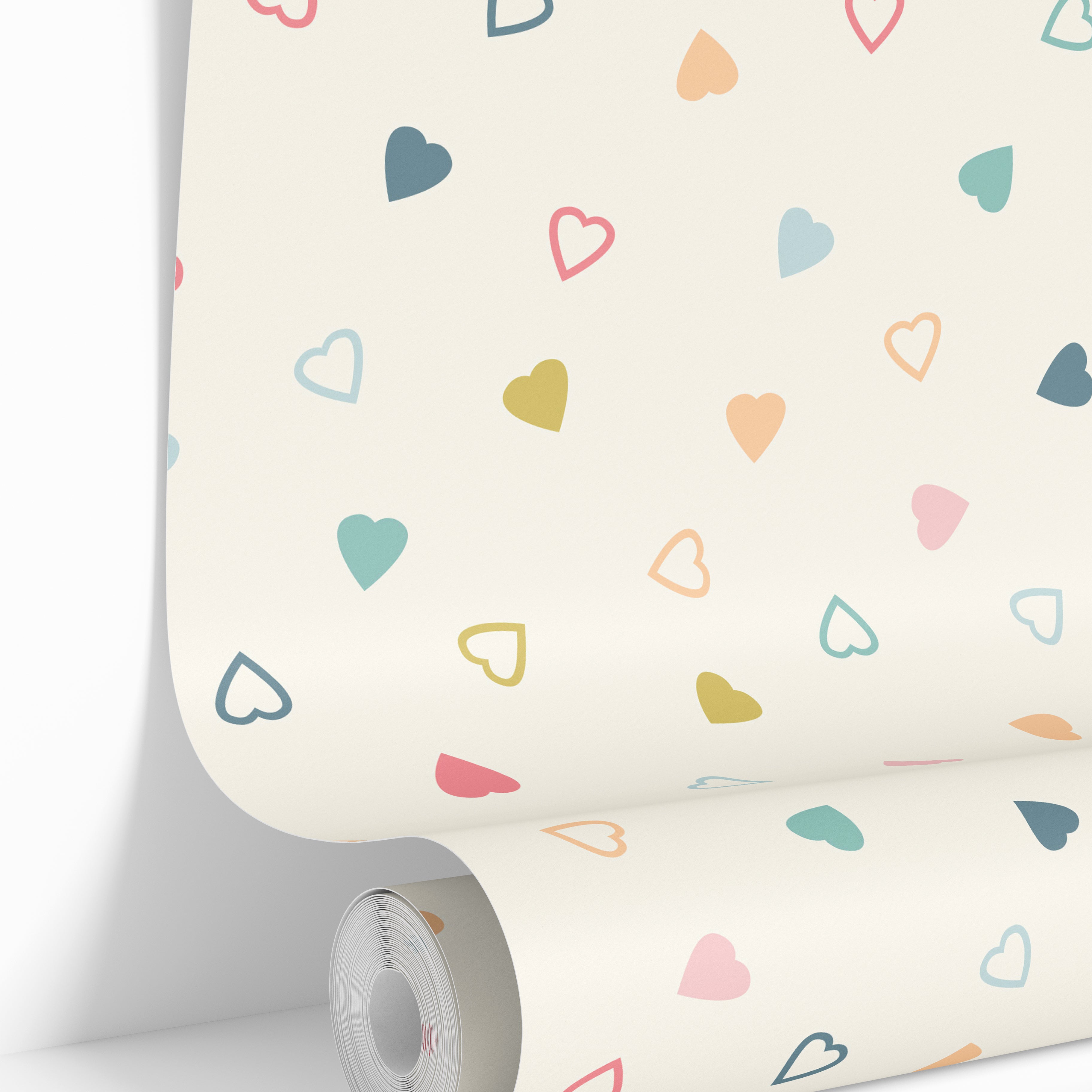 Roll of Love Notes wallpaper featuring a ivory white background and multi-colored heart outlines and solids