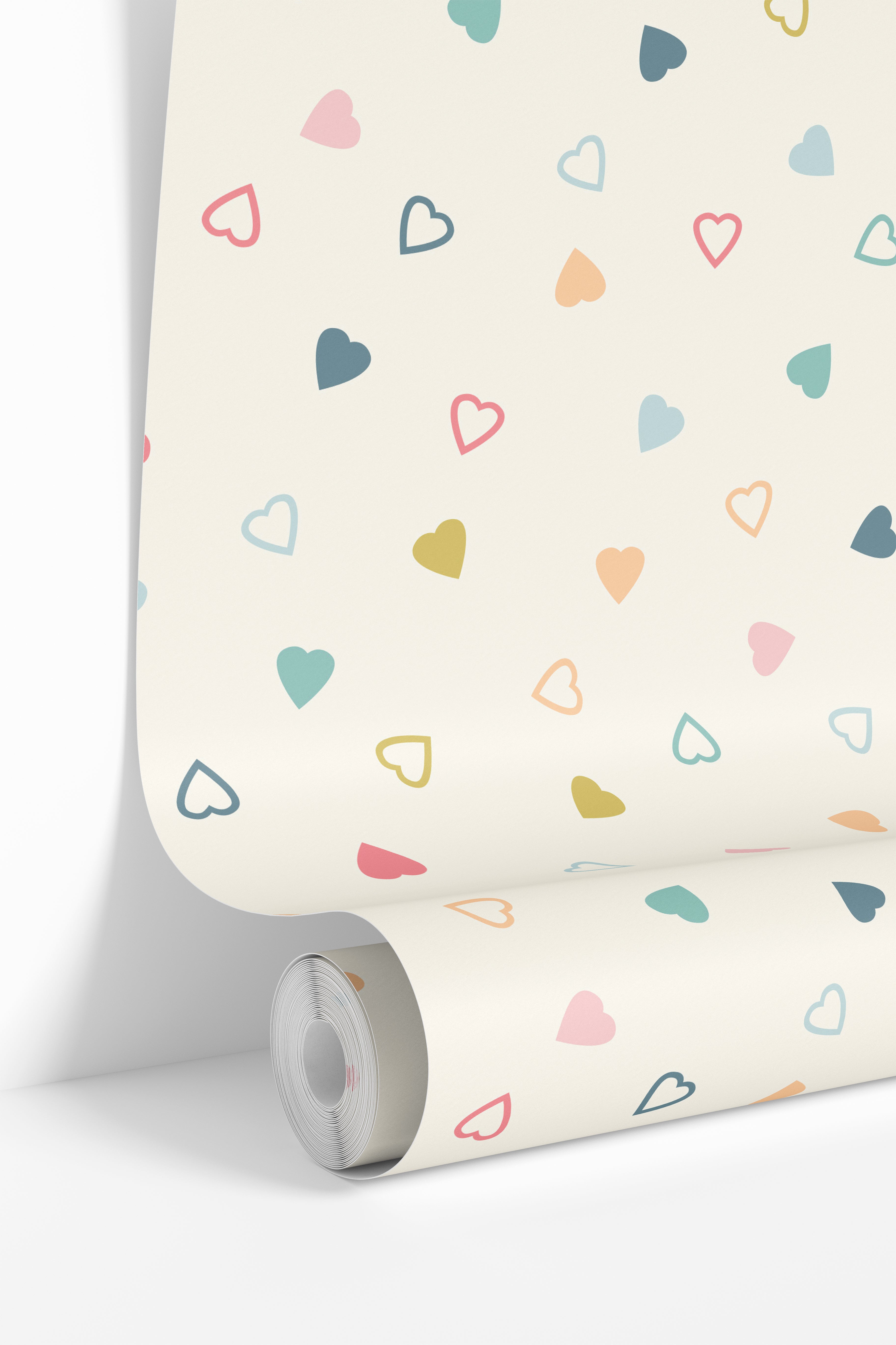 Roll of Love Notes wallpaper featuring a ivory white background and multi-colored heart outlines and solids