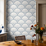 Dining room with Marincroft Blue Gray Geometric Wallpaper and soft natural lighting