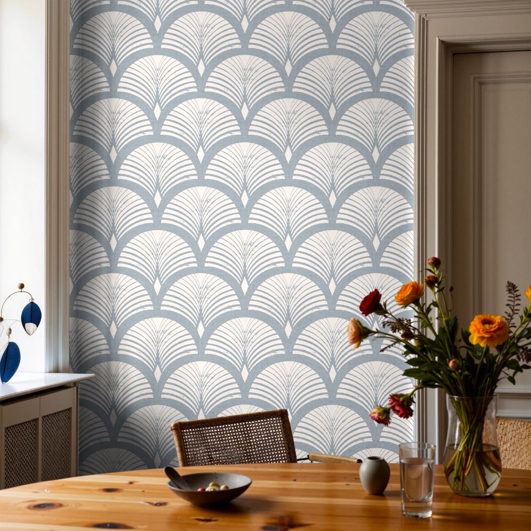 Dining room with Marincroft Blue Gray Geometric Wallpaper and soft natural lighting
