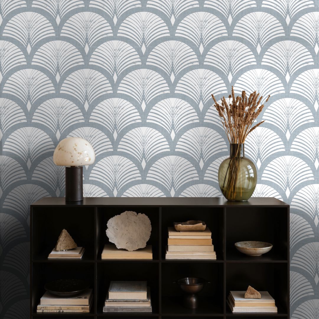 Modern shelf styled with Marincroft Blue Gray Geometric Wallpaper, neutral ceramics, and natural textures