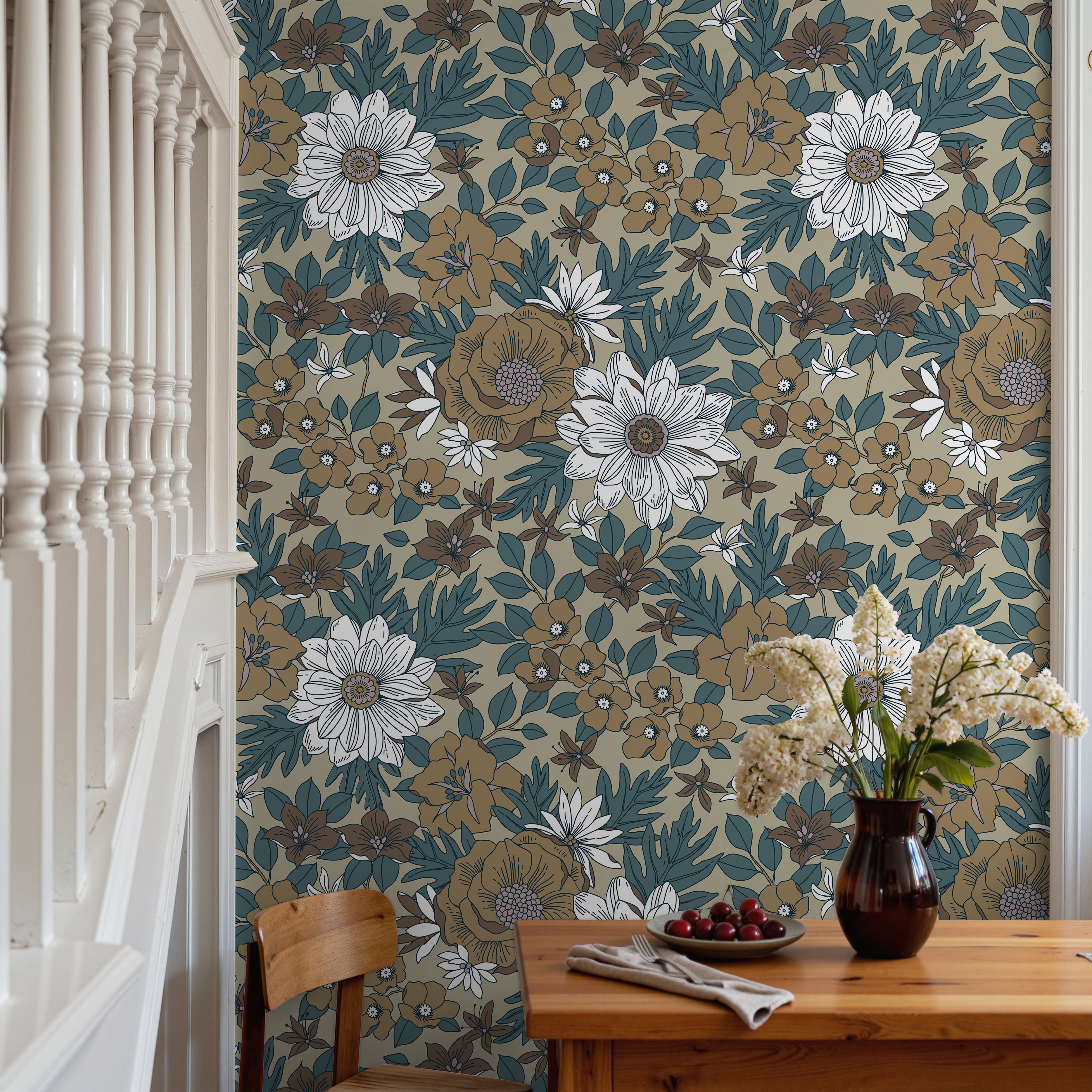 Vintage inspired large hand-drawn flowers in muted white, terracotta, and blush