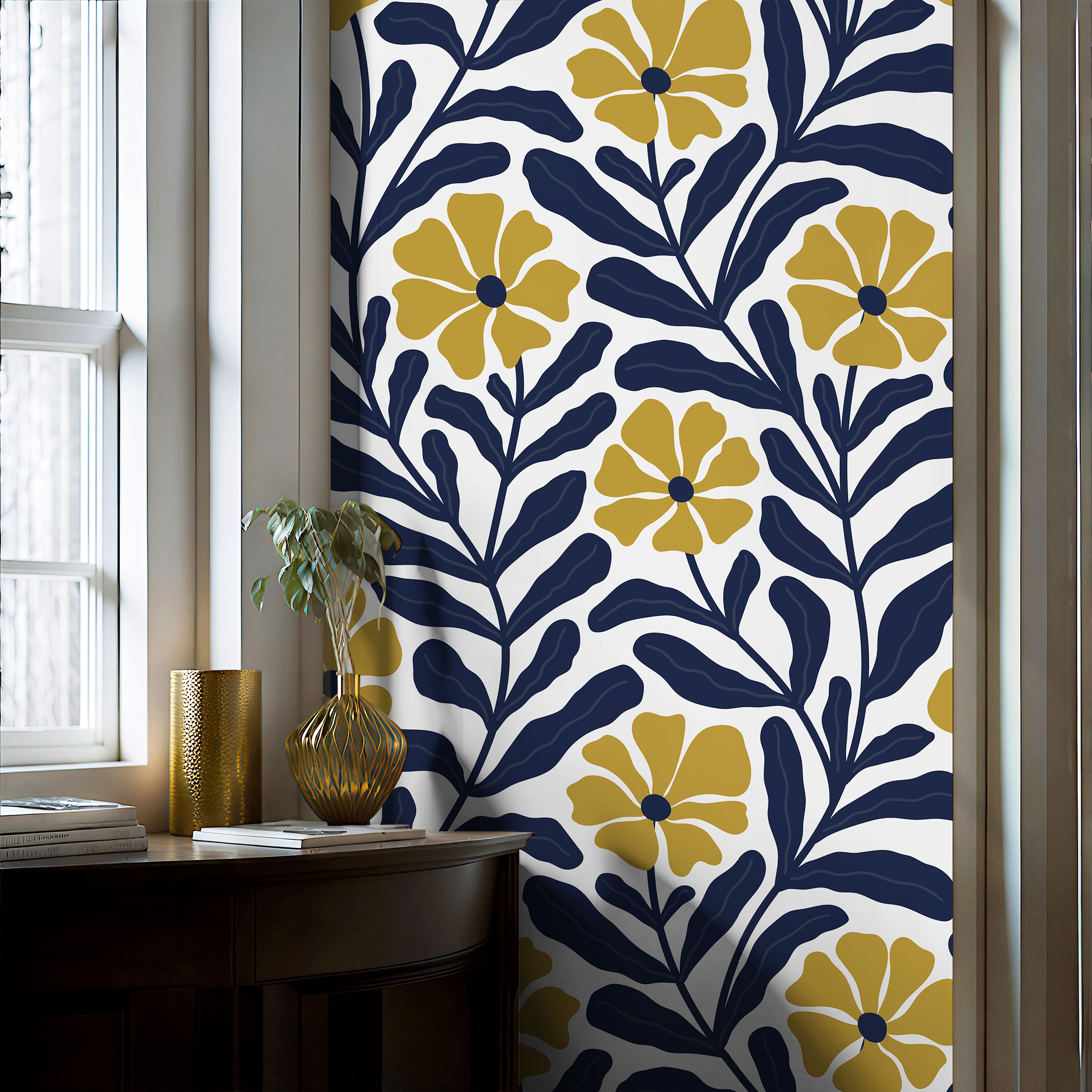 golden blooms set against deep navy foliage on a crisp white backdrop