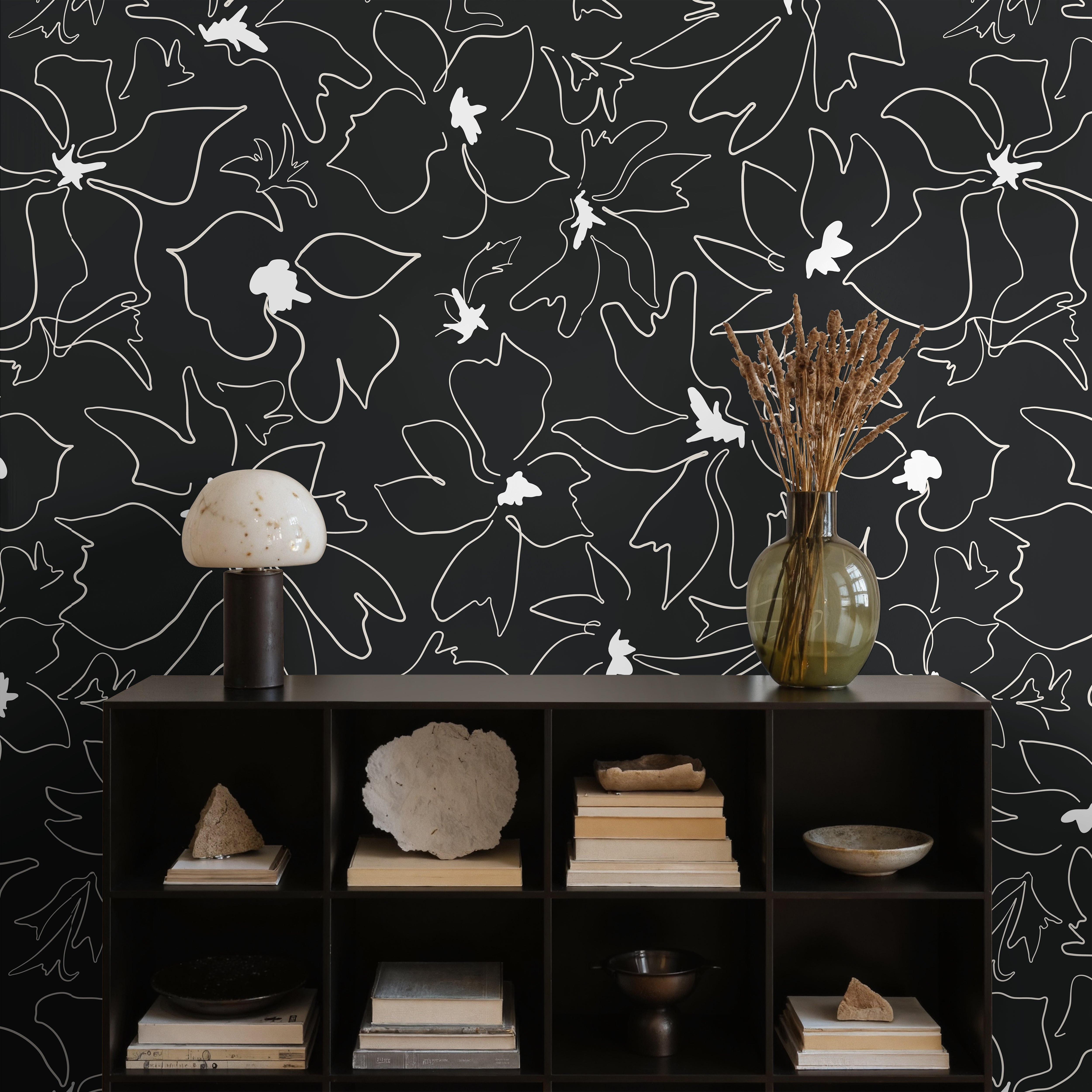 black-and-white wallpaper featuring abstract floral linework that feels both modern and organic.