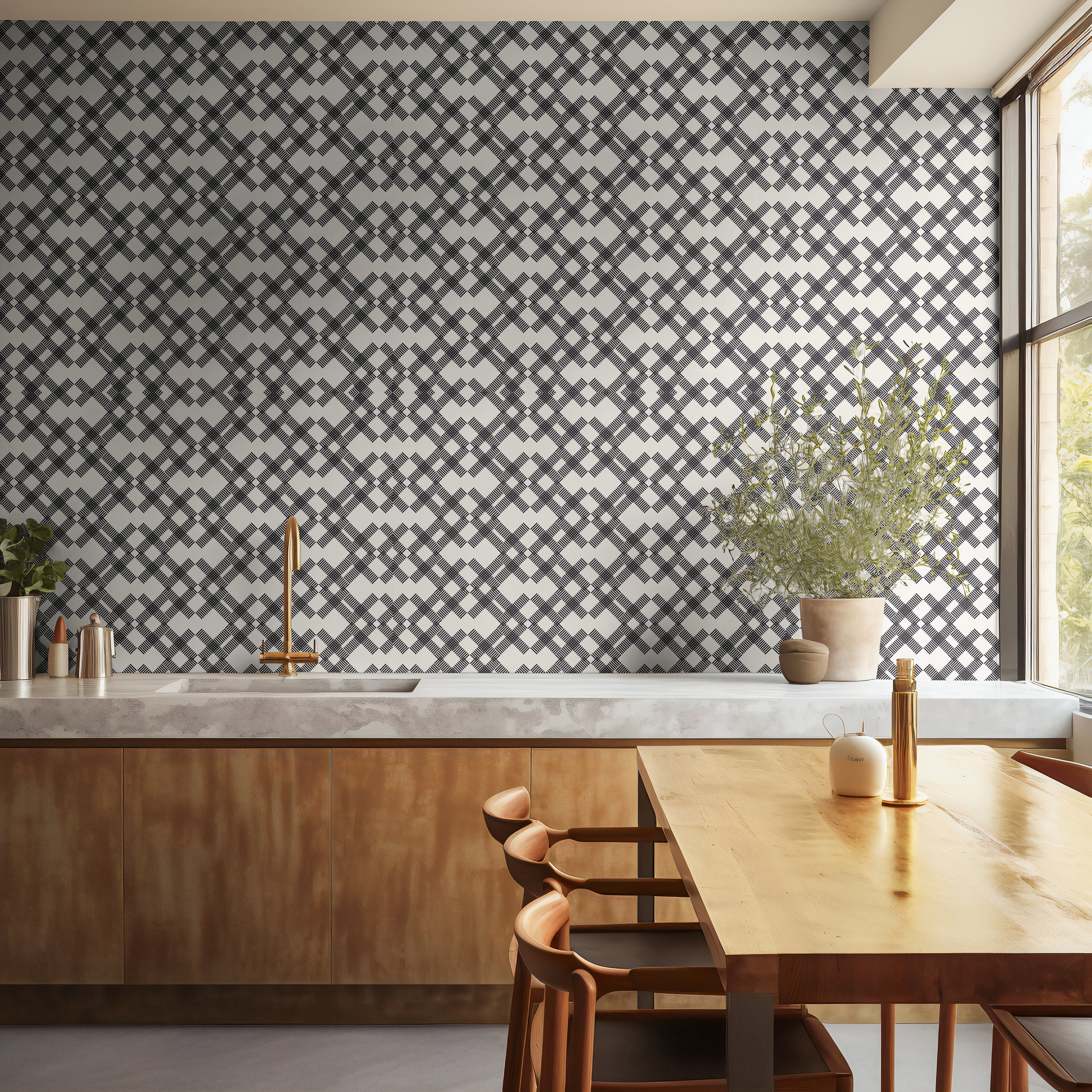 Black and white plaid style in warm modern kitchen