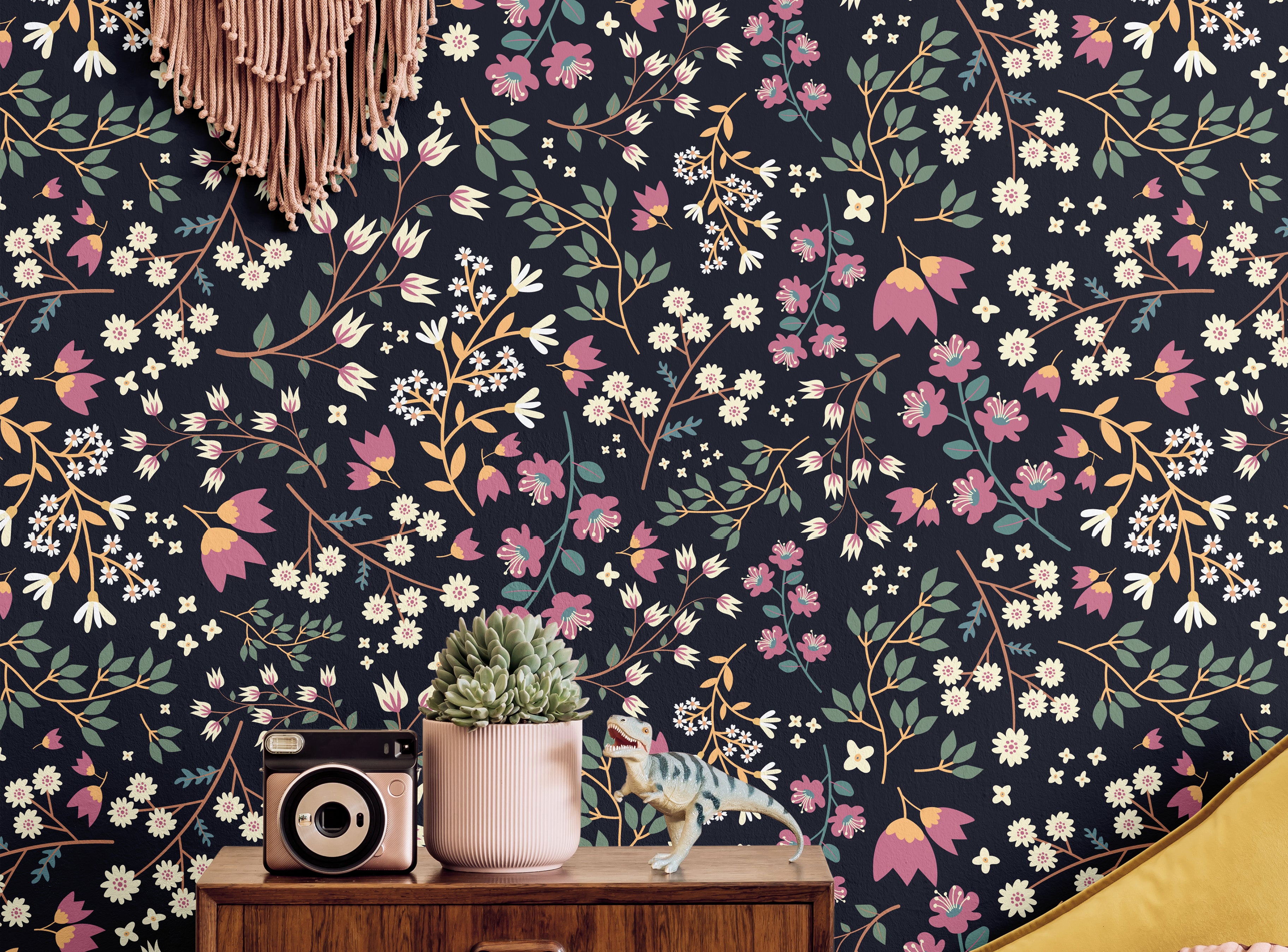 Purple and white flowers on midnight blue background styled in boho teens room