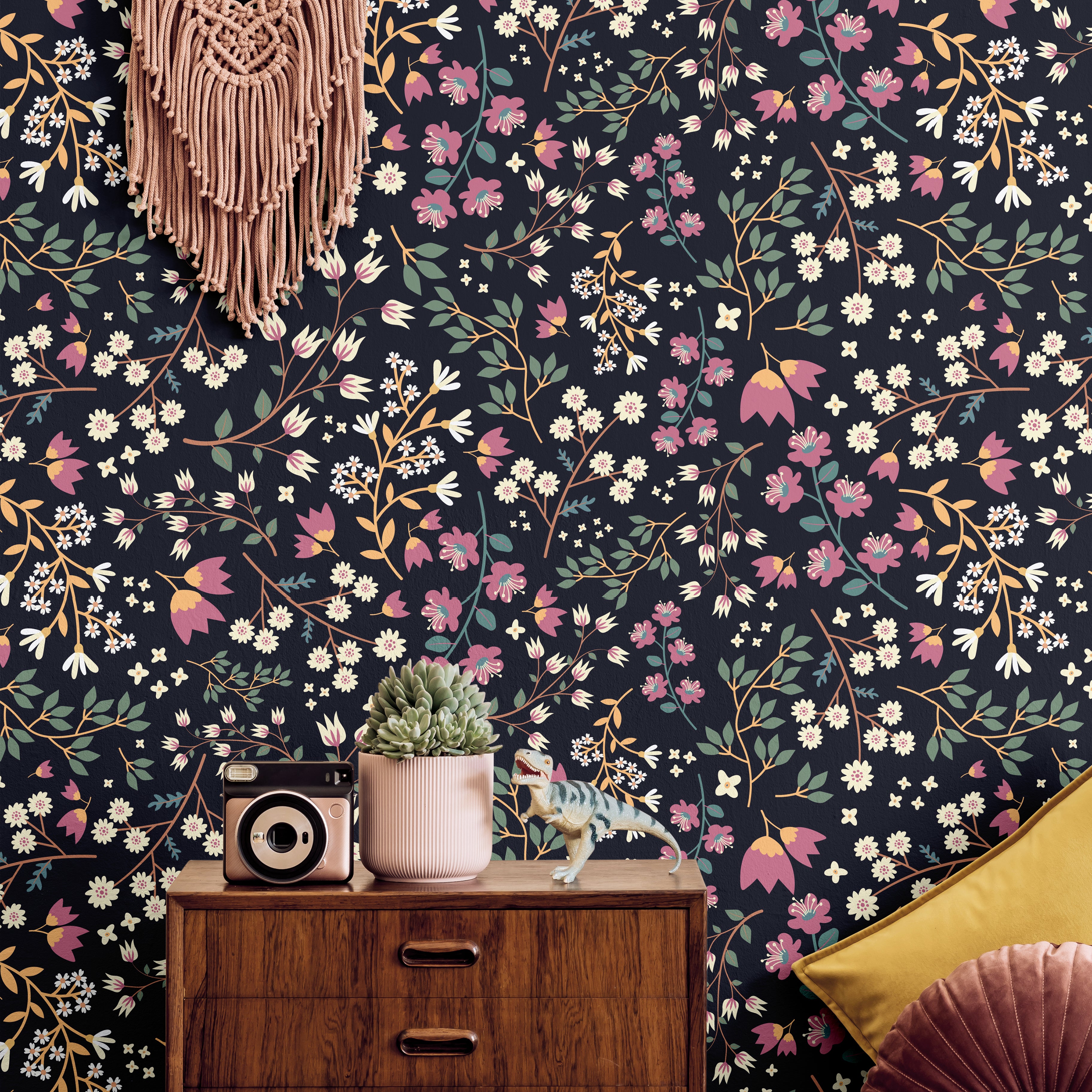 Purple and white flowers on midnight blue background styled in boho teens room