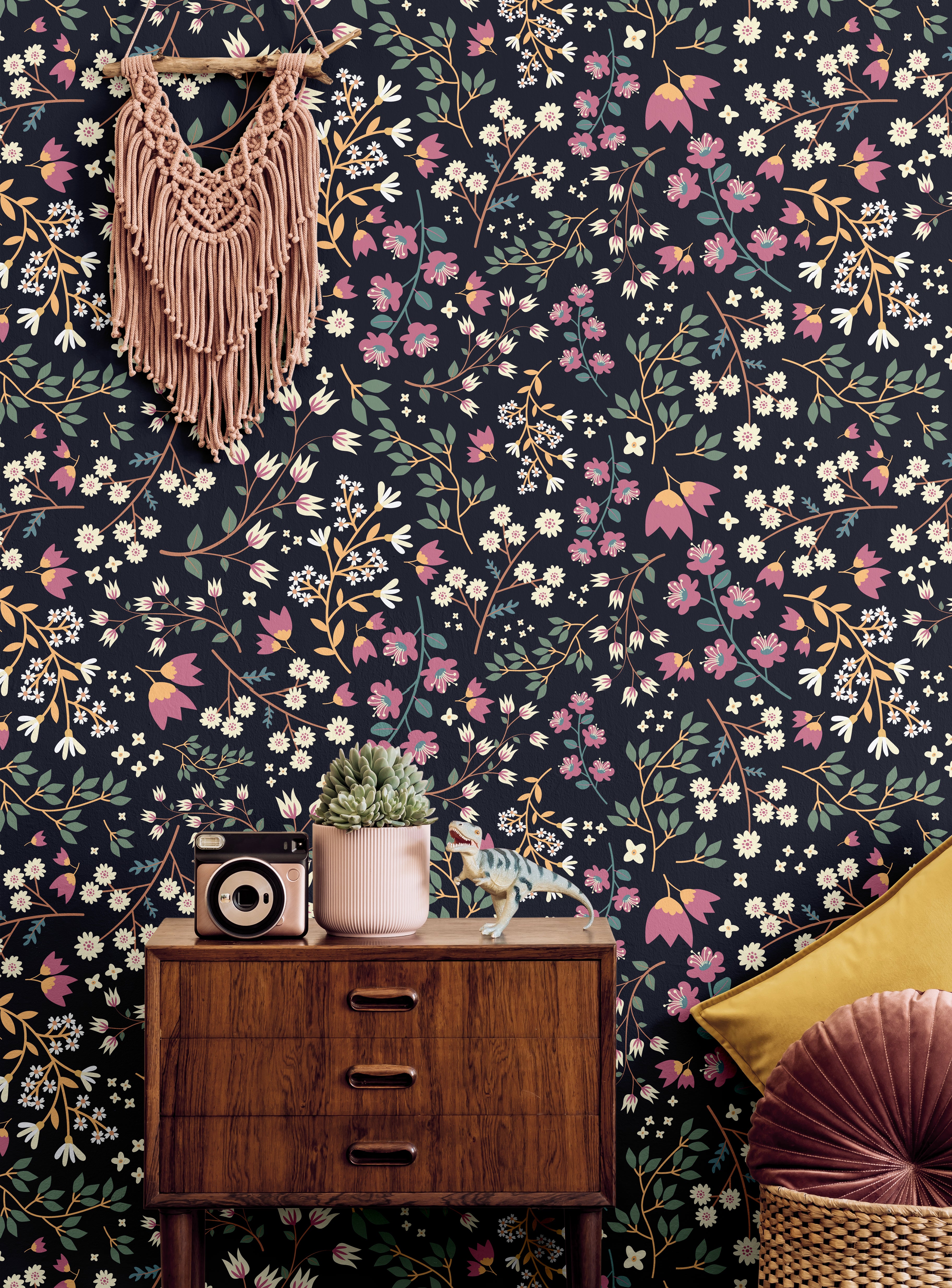Purple and white flowers on midnight blue background styled in boho teens room