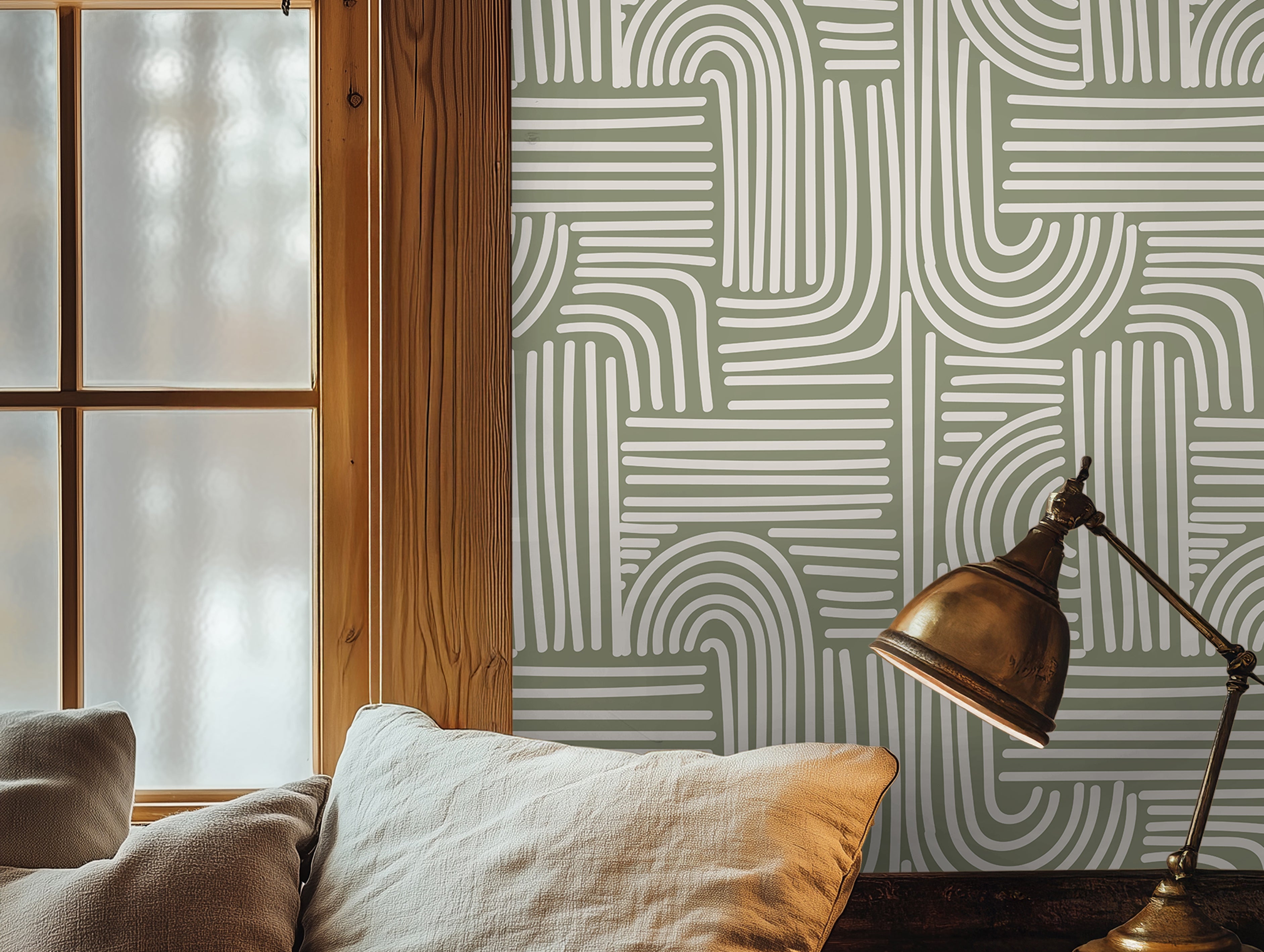 sleek geometric wallpaper featuring a hand-drawn arch pattern in calming sage green and crisp white
