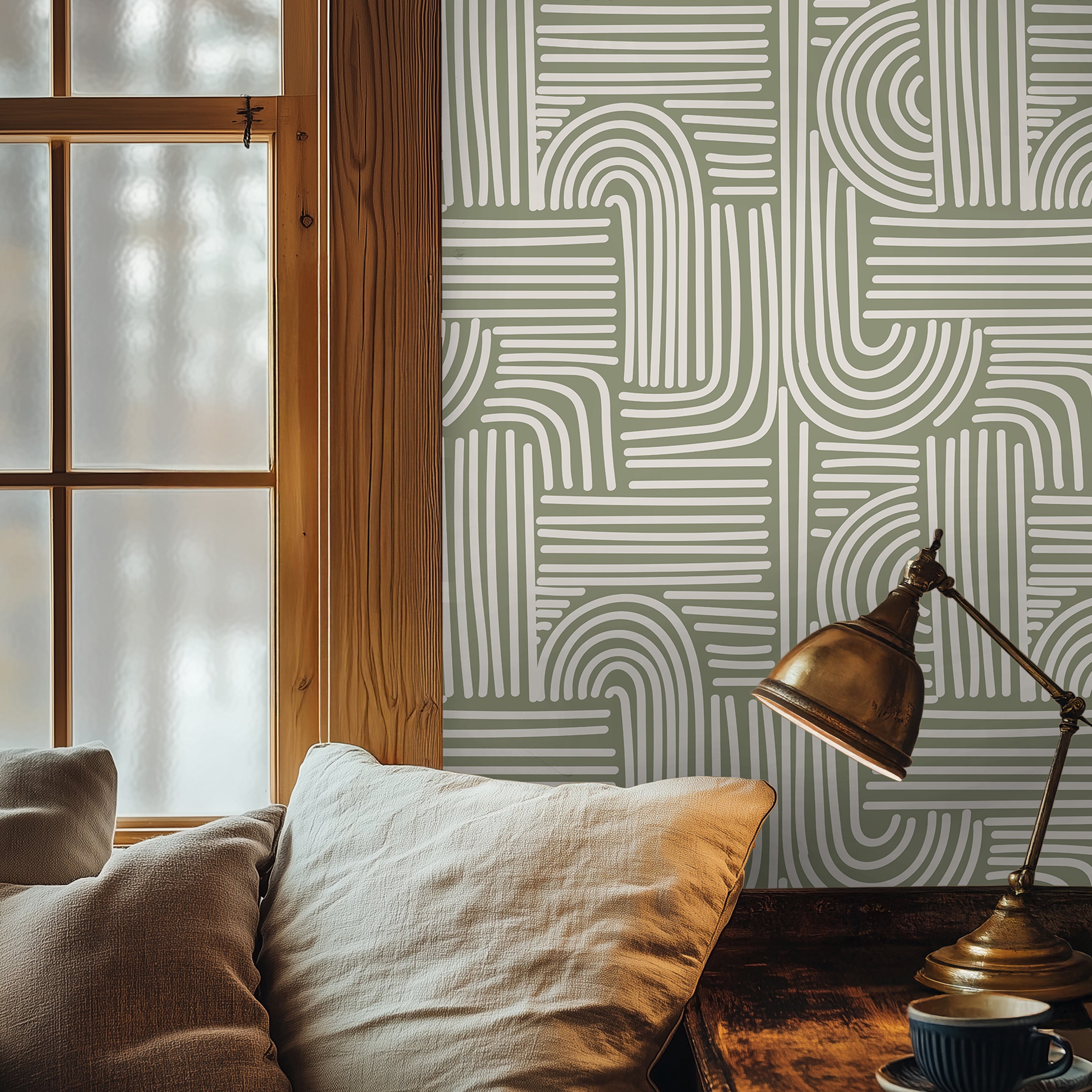 sleek geometric wallpaper featuring a hand-drawn arch pattern in calming sage green and crisp white