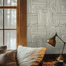 sleek geometric wallpaper featuring a hand-drawn arch pattern in calming sage green and crisp white