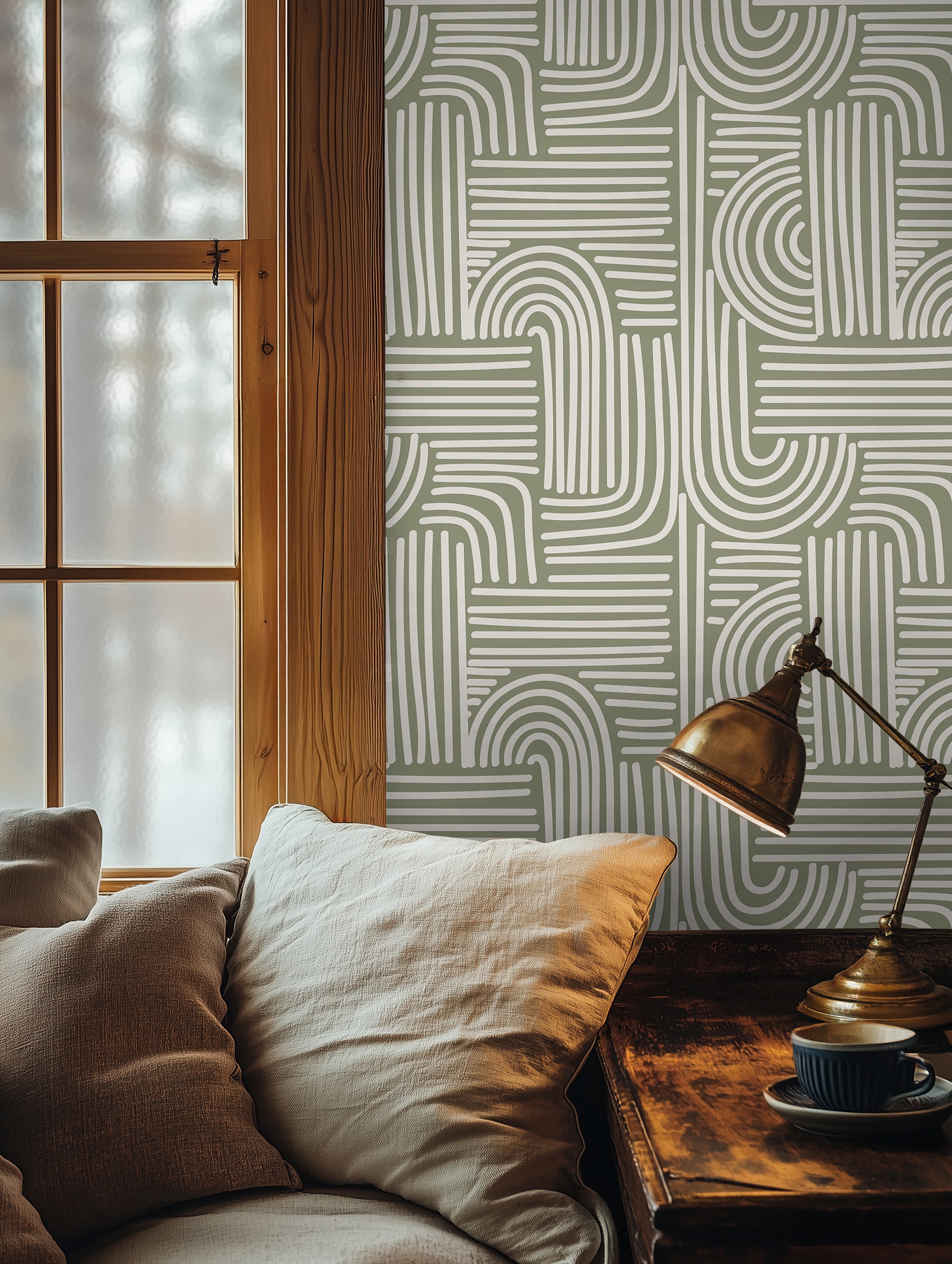 sleek geometric wallpaper featuring a hand-drawn arch pattern in calming sage green and crisp white