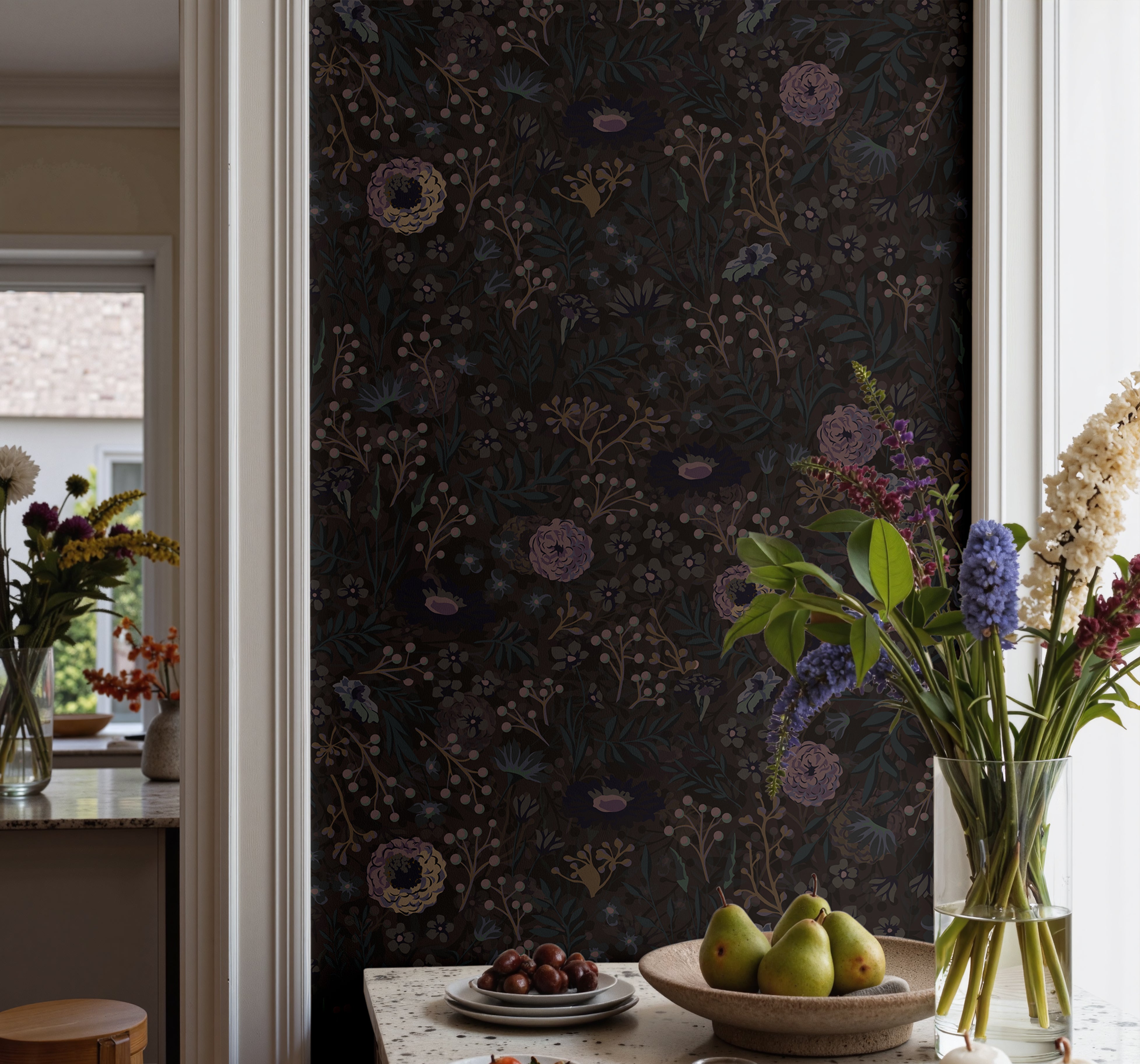Dark and Moody Floral pattern showcased in bright dining room
