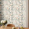 delicate floral wallpaper in neutral tones of blush, beige, sage, and cream