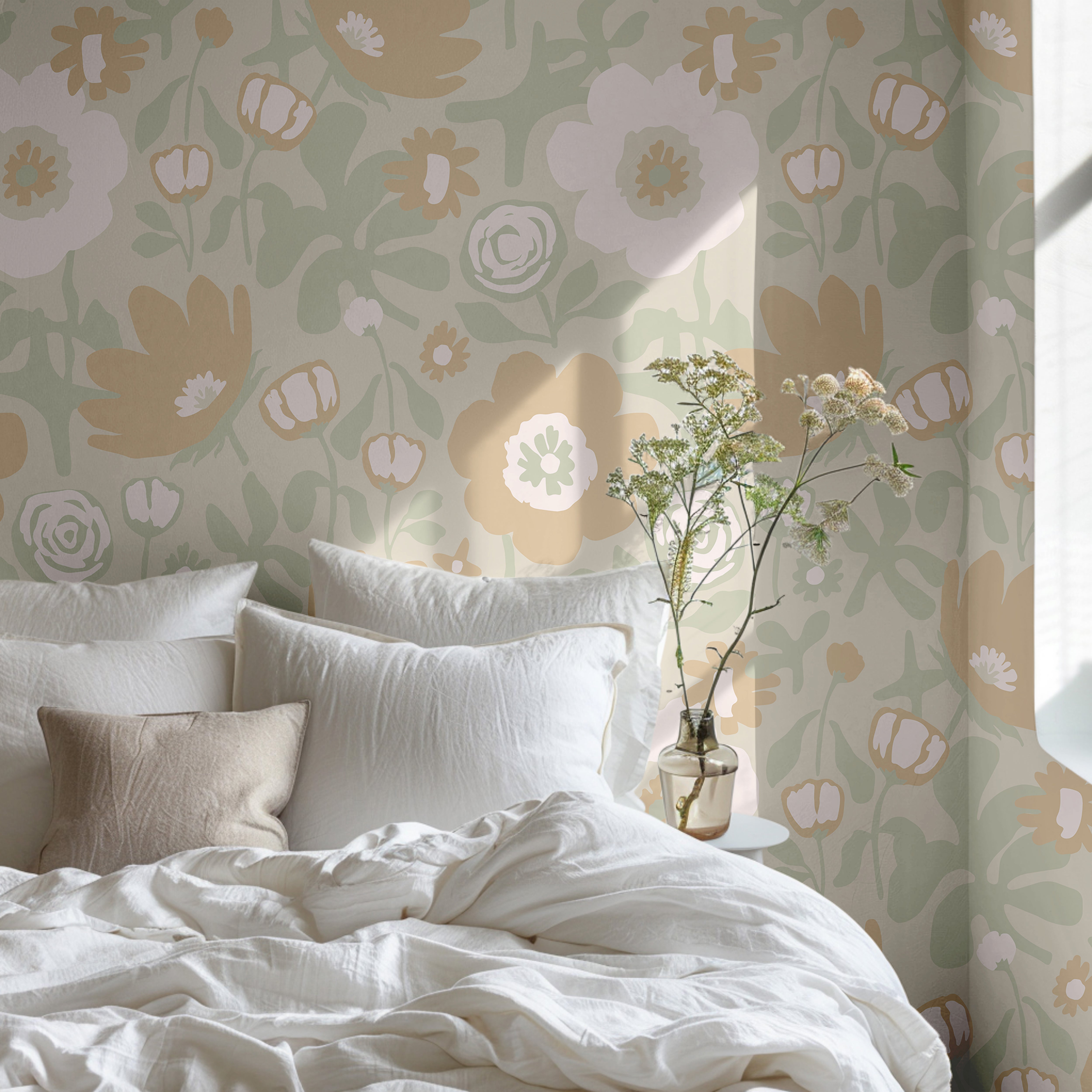 pastel green and orange flowers styled in light and airy bedroom