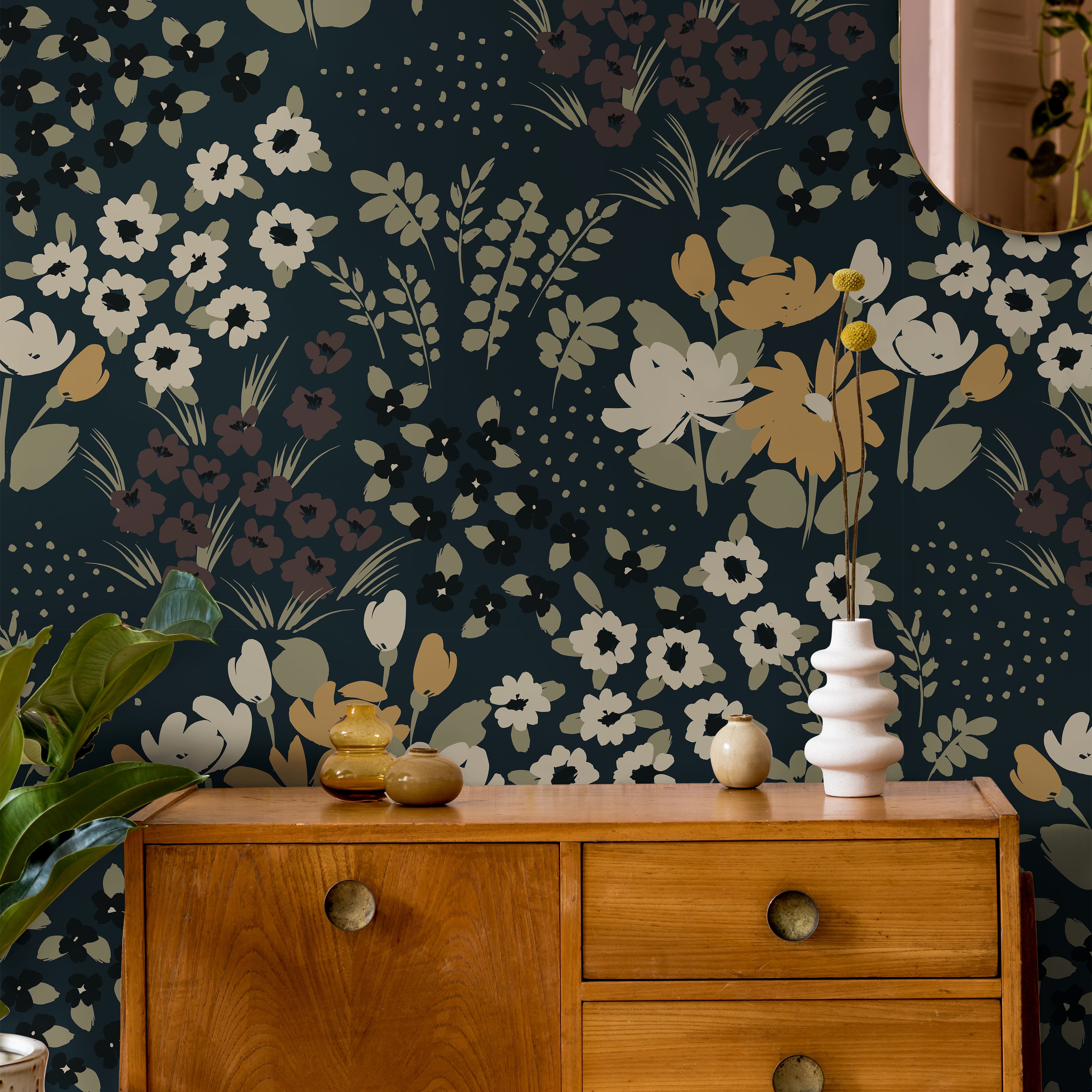 Moody floral styled in living space with warm wooden accents