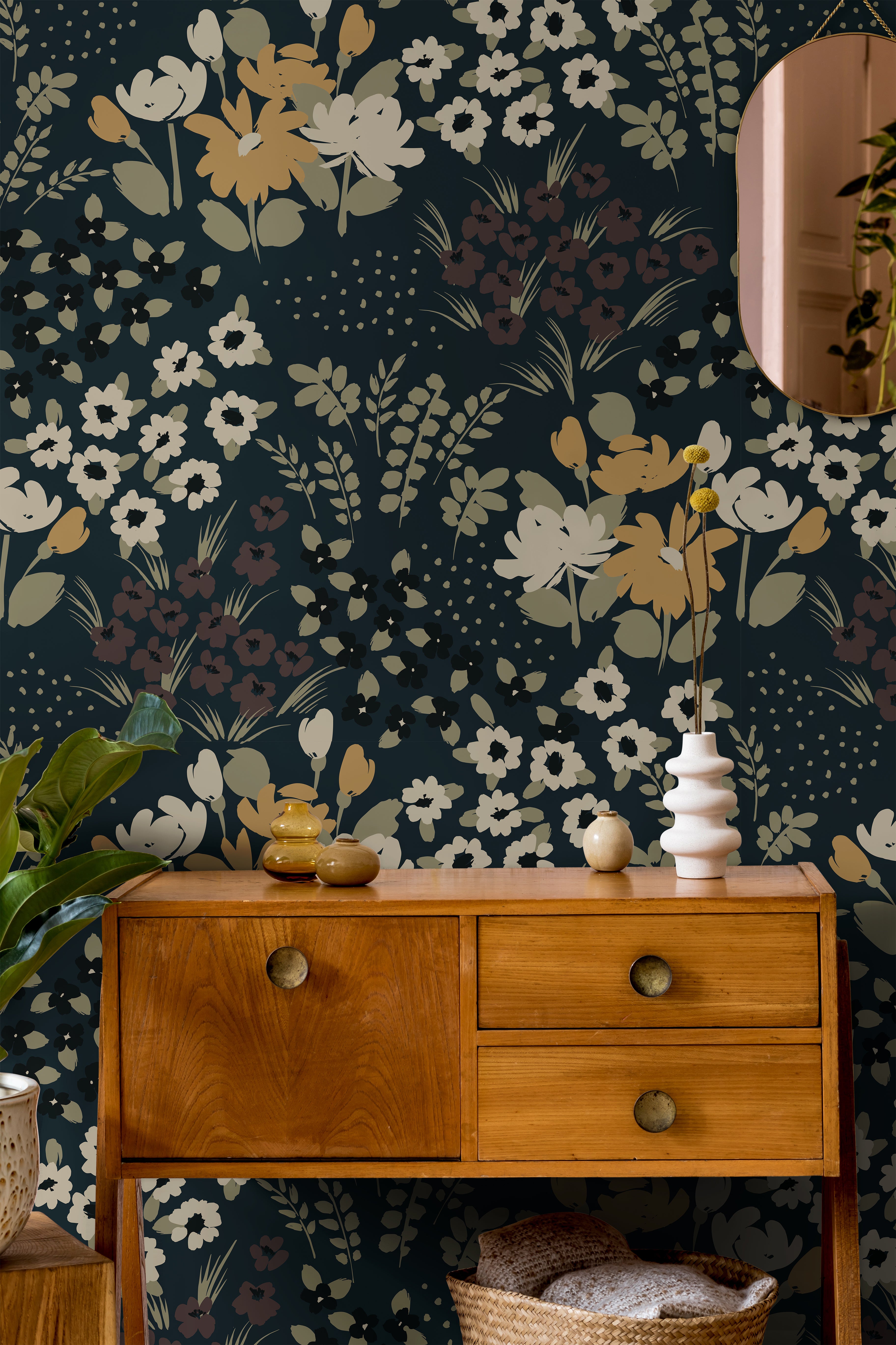 Moody floral styled in living space with warm wooden accents