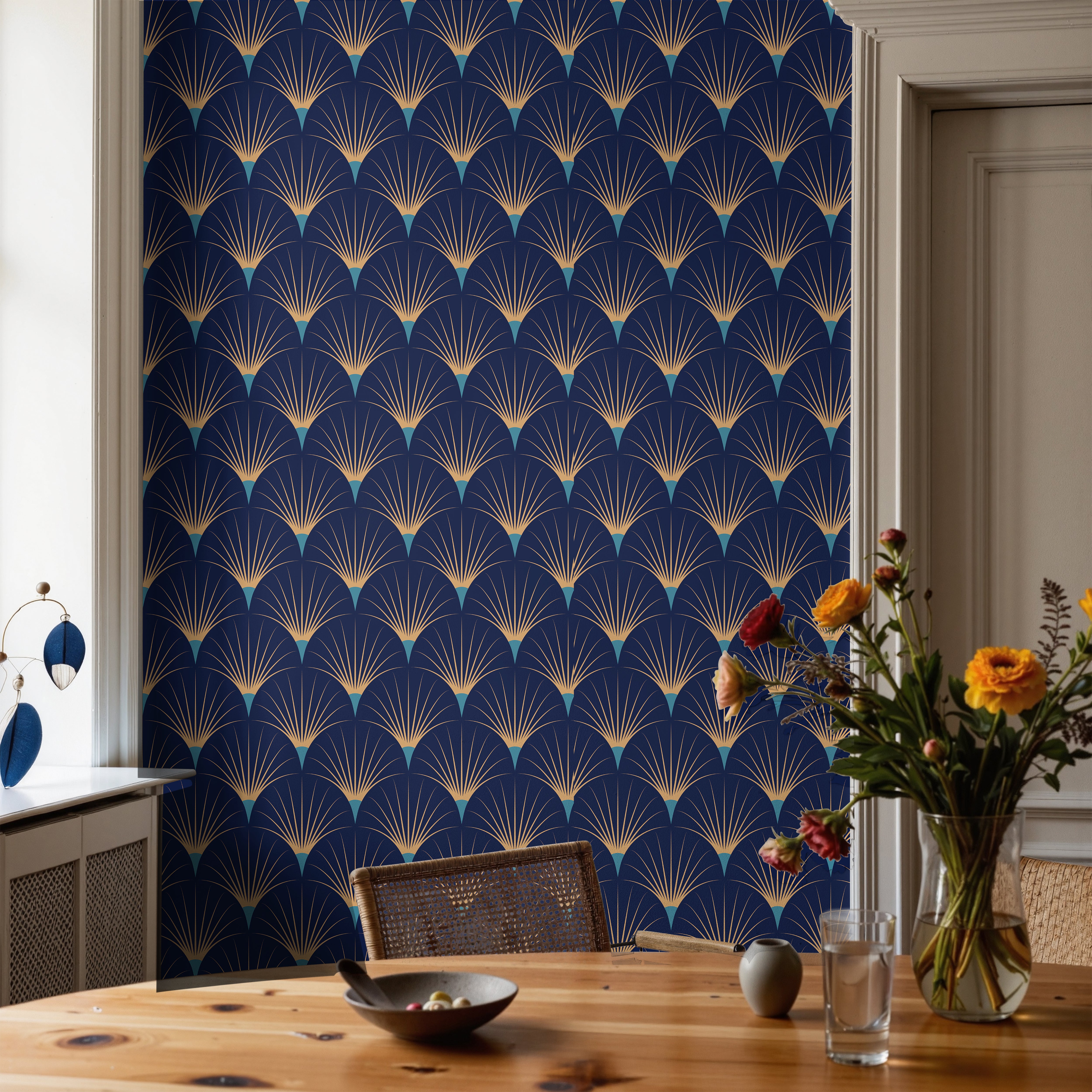 Navy blue with gold and teal art deco arches in warm cottage dining room