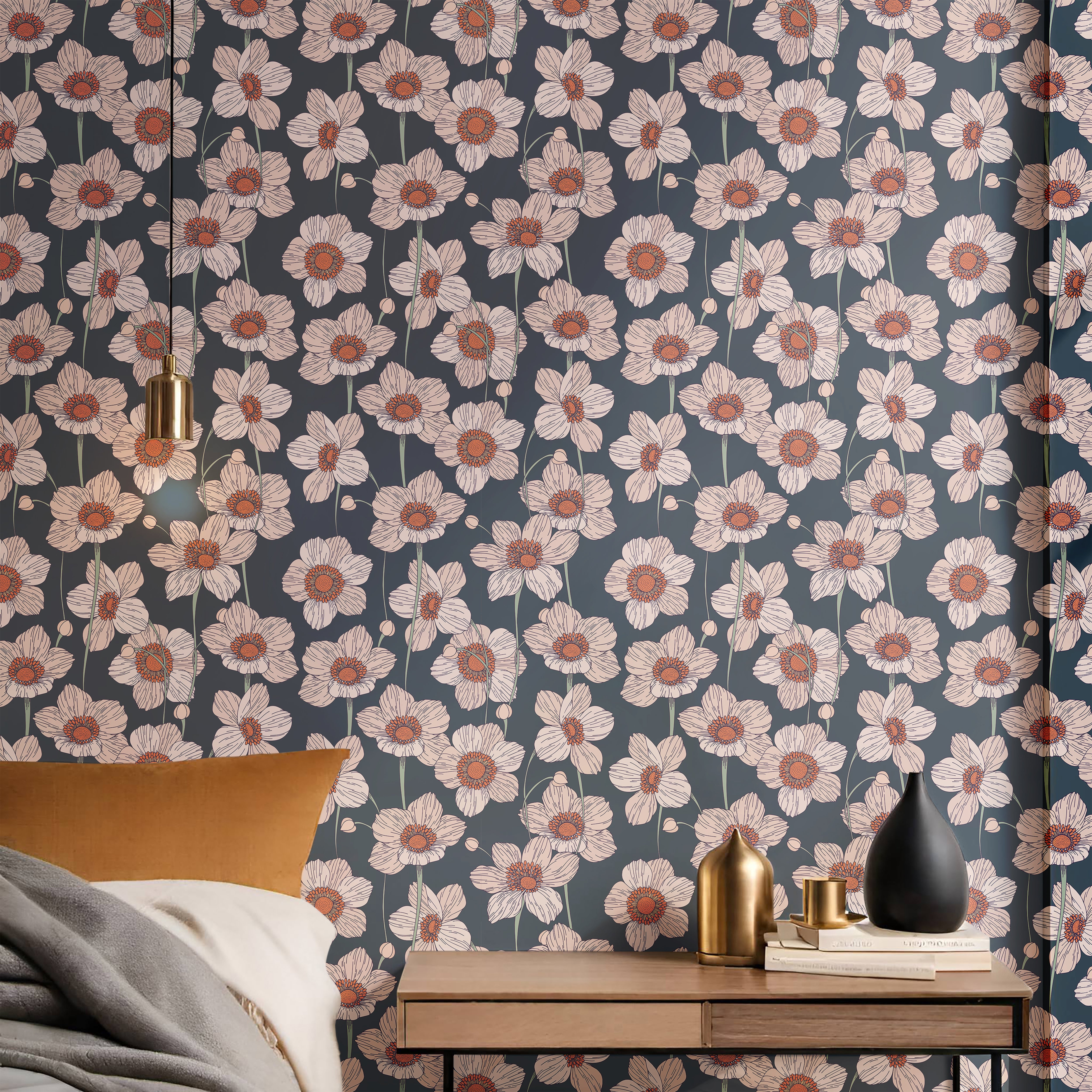 Pink Poppies with dark navy background in modern bedroom