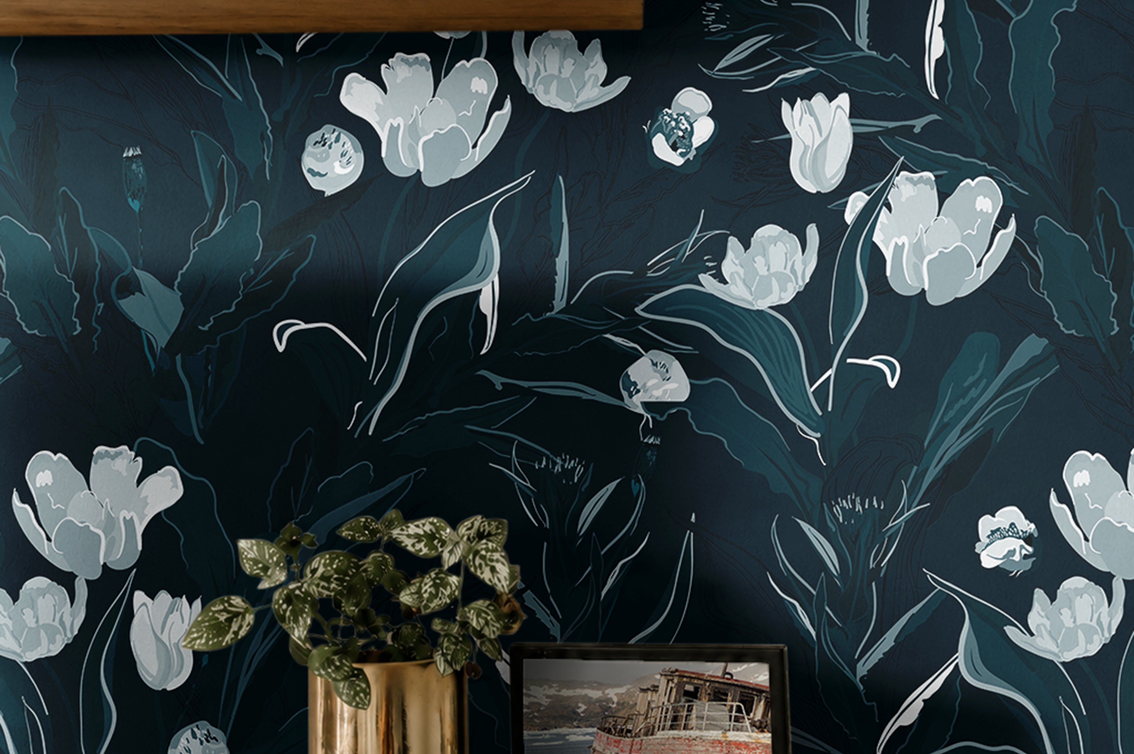 Dark navy tulips behind vintage feeling shelves 