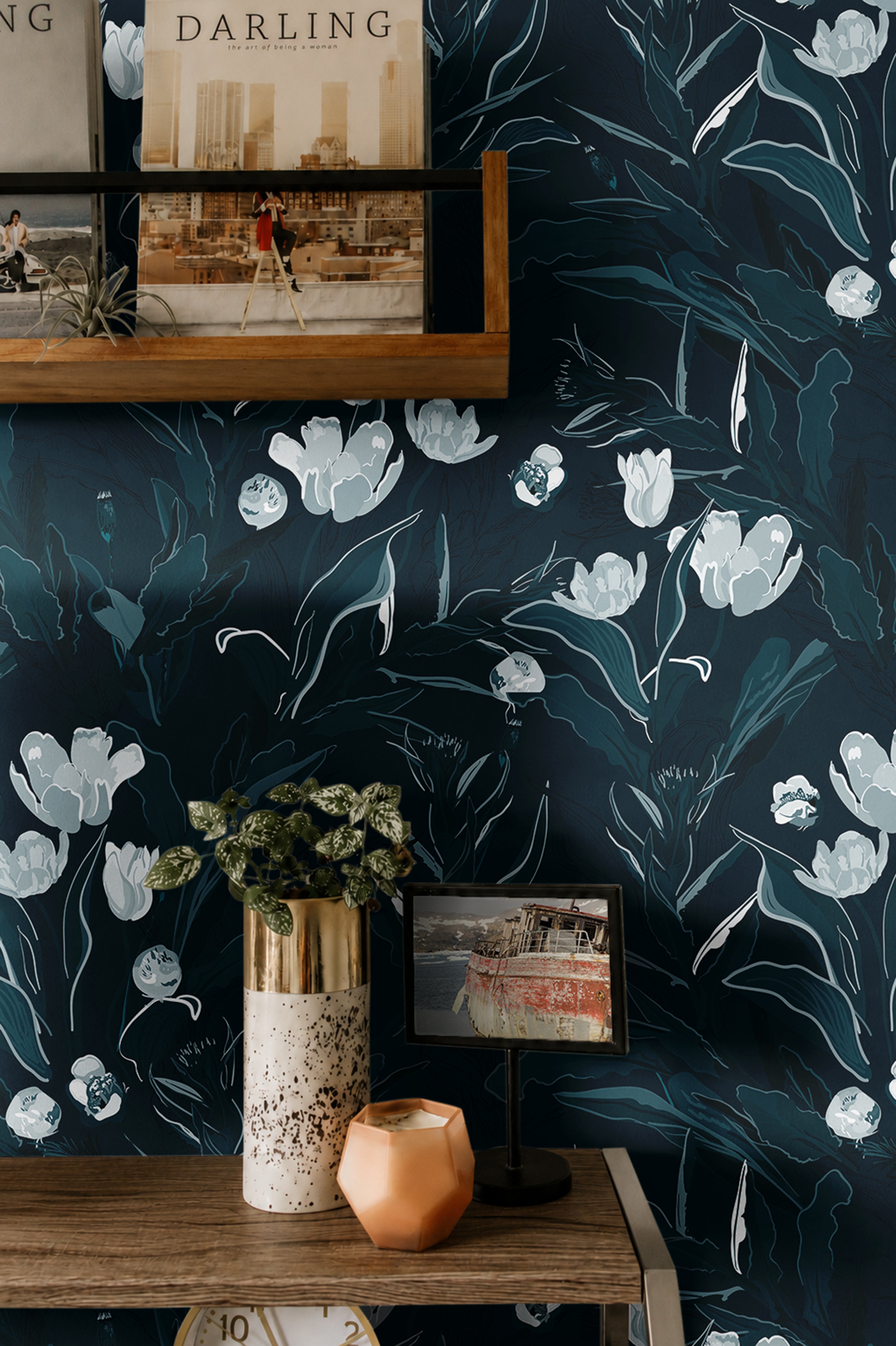 Dark navy tulips behind vintage feeling shelves 