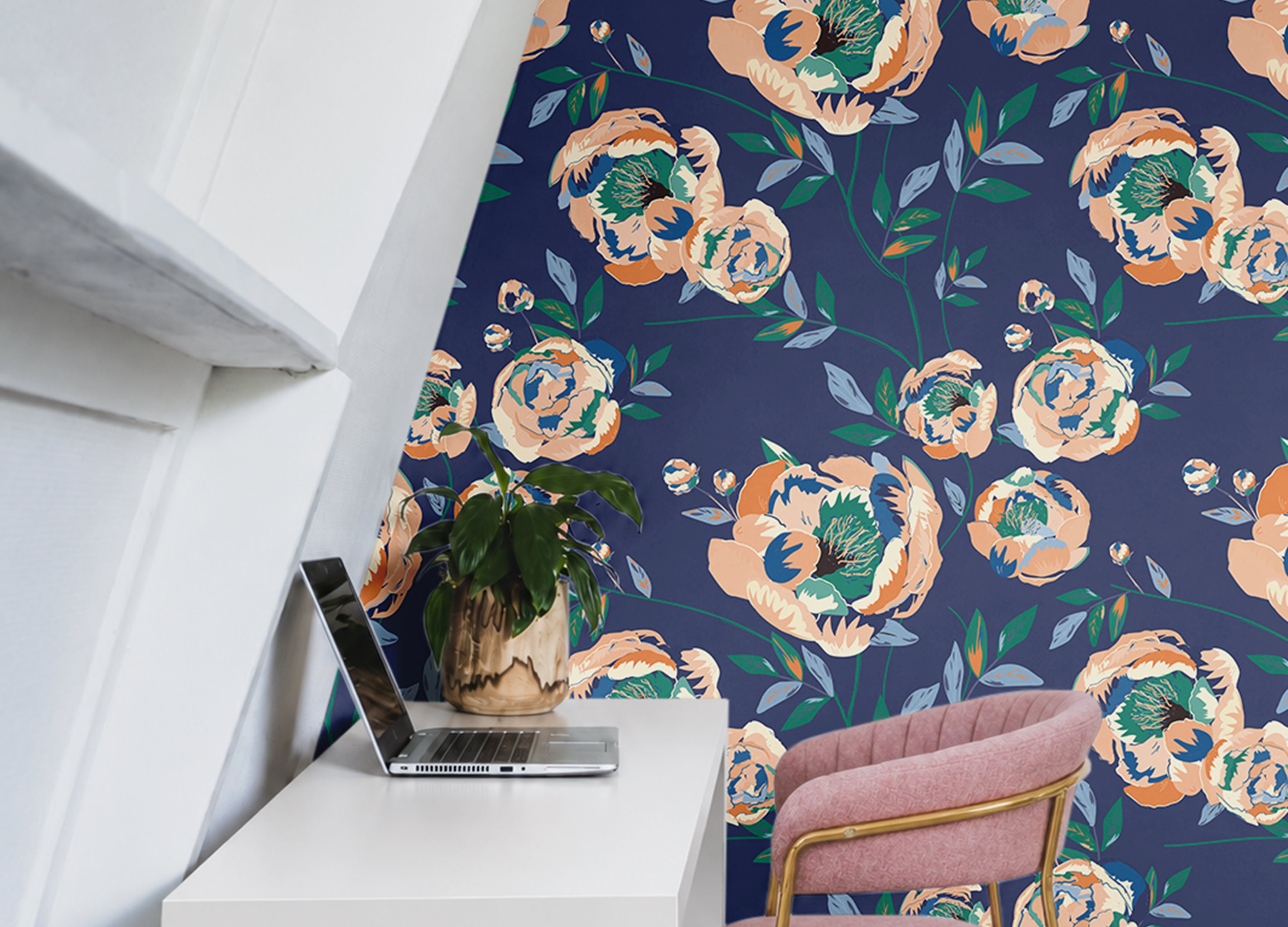 oversized orange and beige peony booms on dark navy background in modern home office