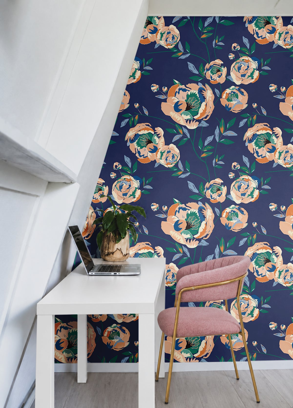 oversized orange and beige peony booms on dark navy background in modern home office