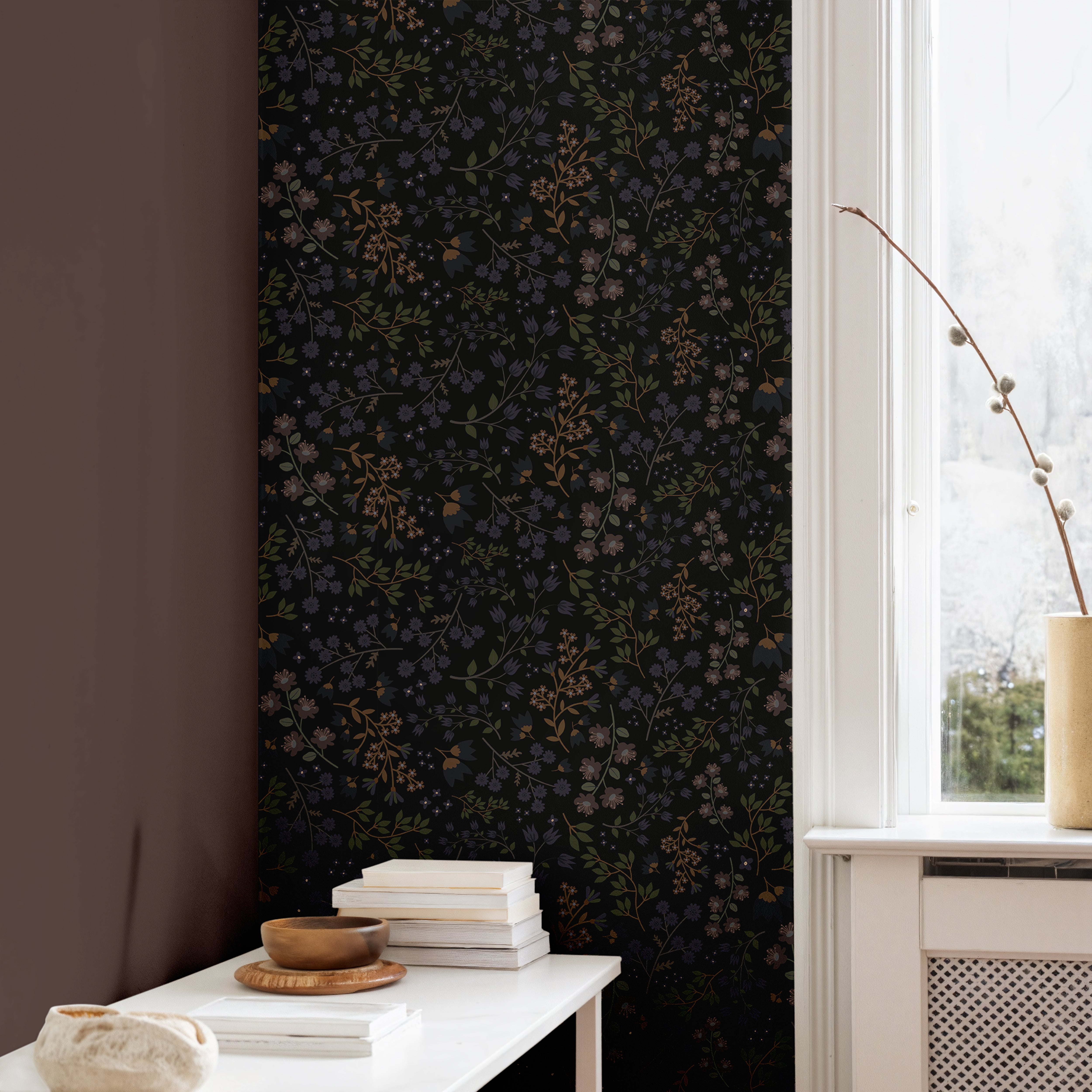 Deep floral accent wall in minimal office space