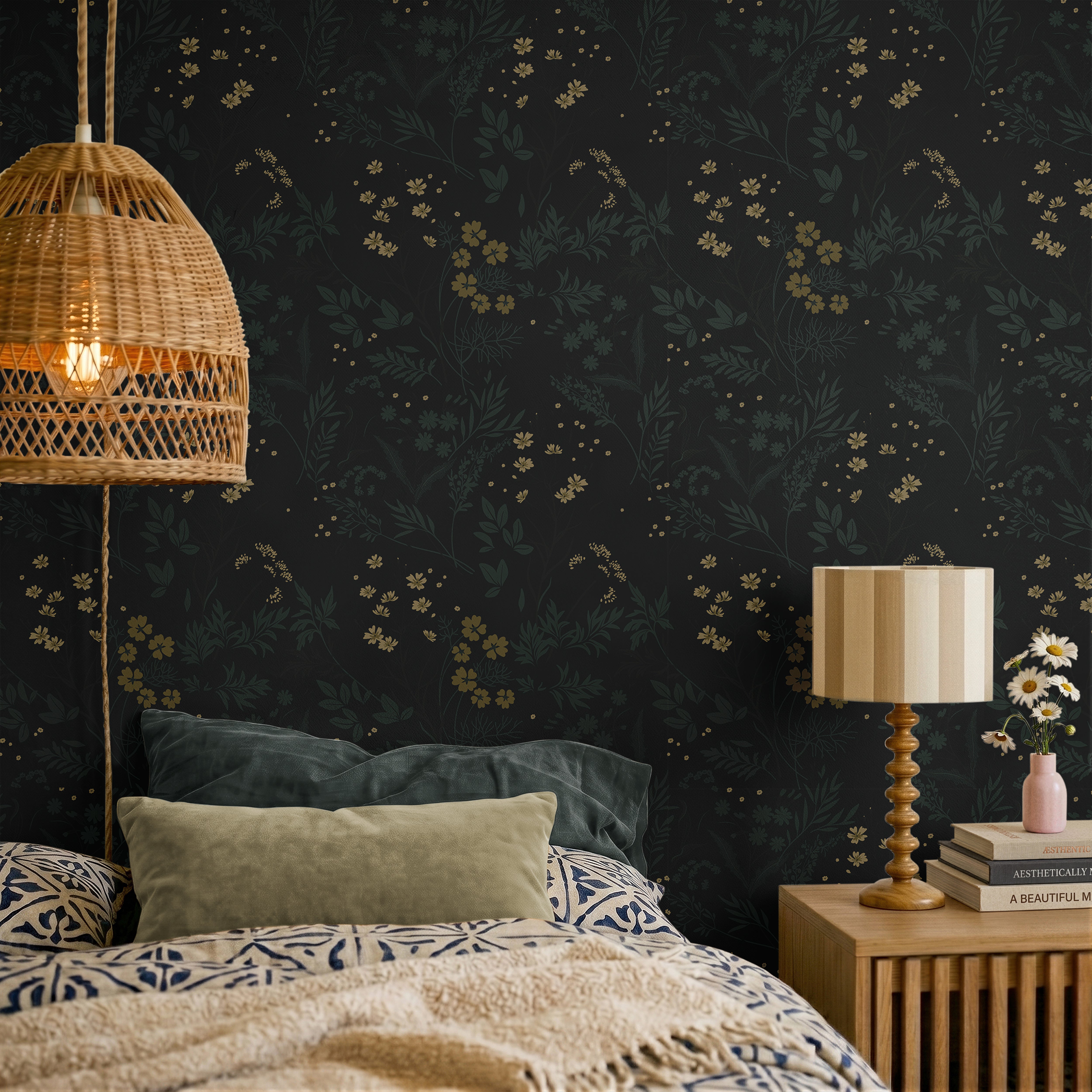 golden florals bloom against an inky black background, evoking the quiet beauty of nature after dusk in warm boho bedroom