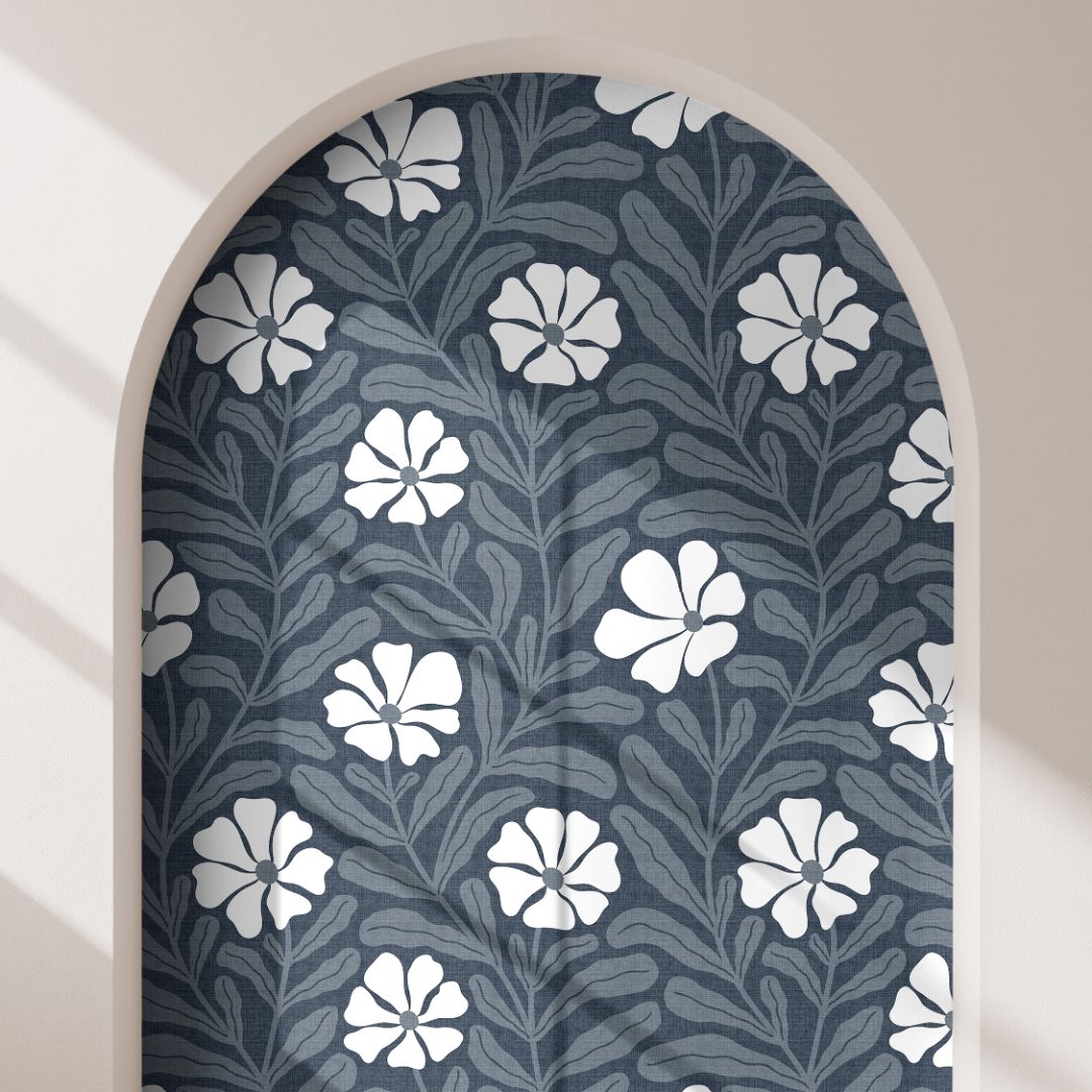 Architectural archway featuring Northwell No. 2232a blue wallpaper with graphic botanical pattern