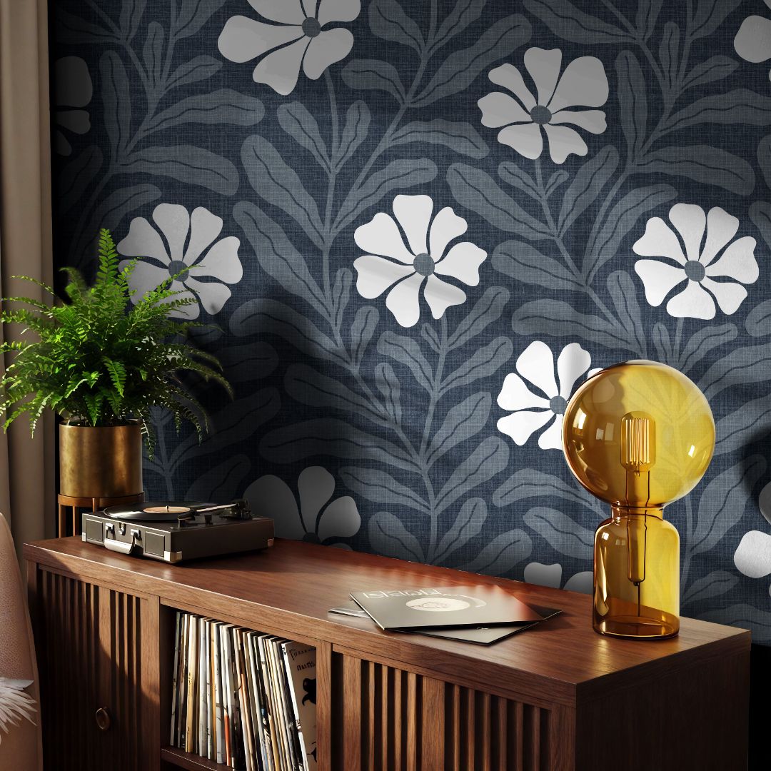 Modern living room styled with Northwell No. 2232a blue wallpaper and warm wood furniture