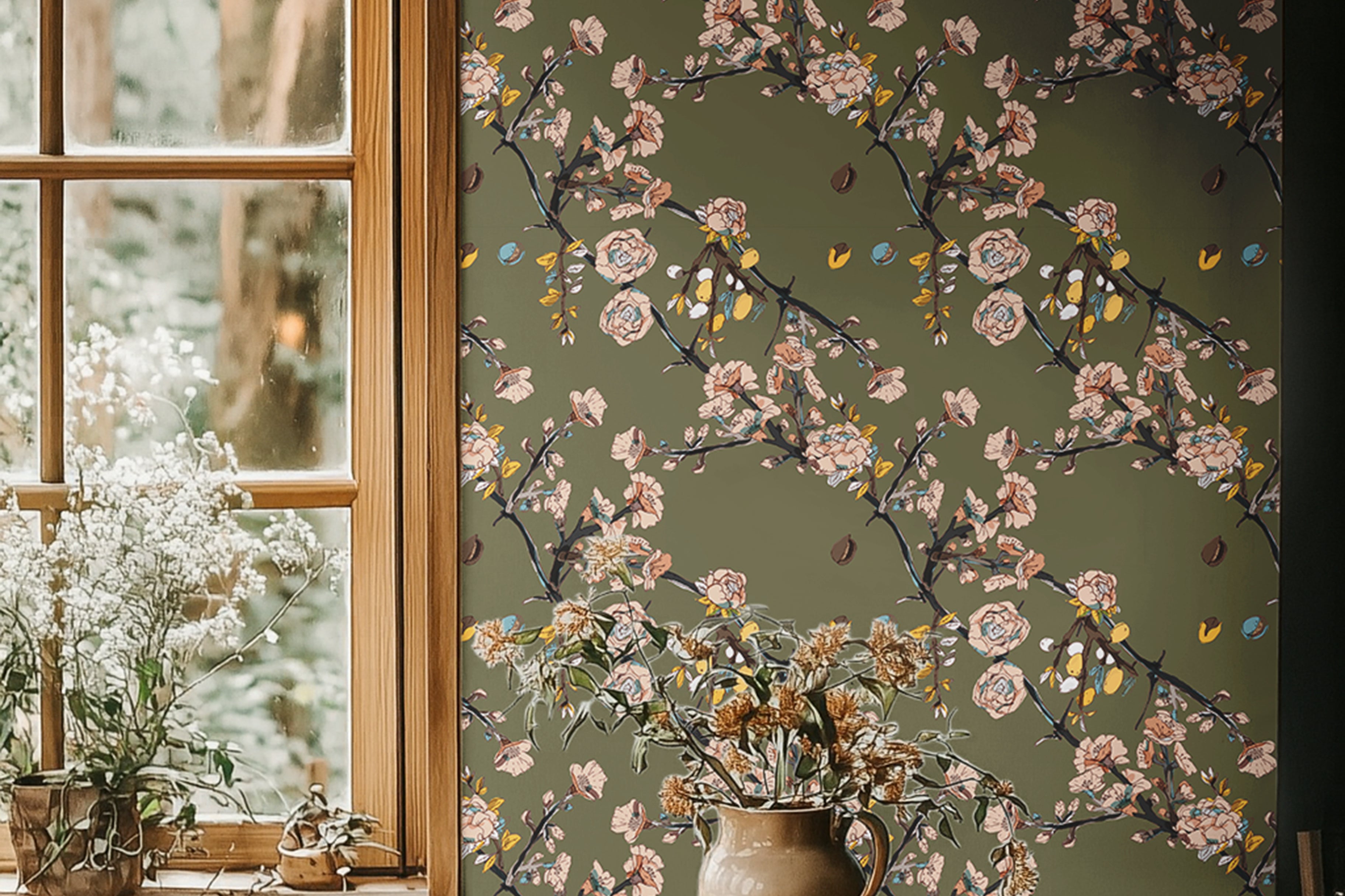Blooming olive branches on army green background in warm dining room interior