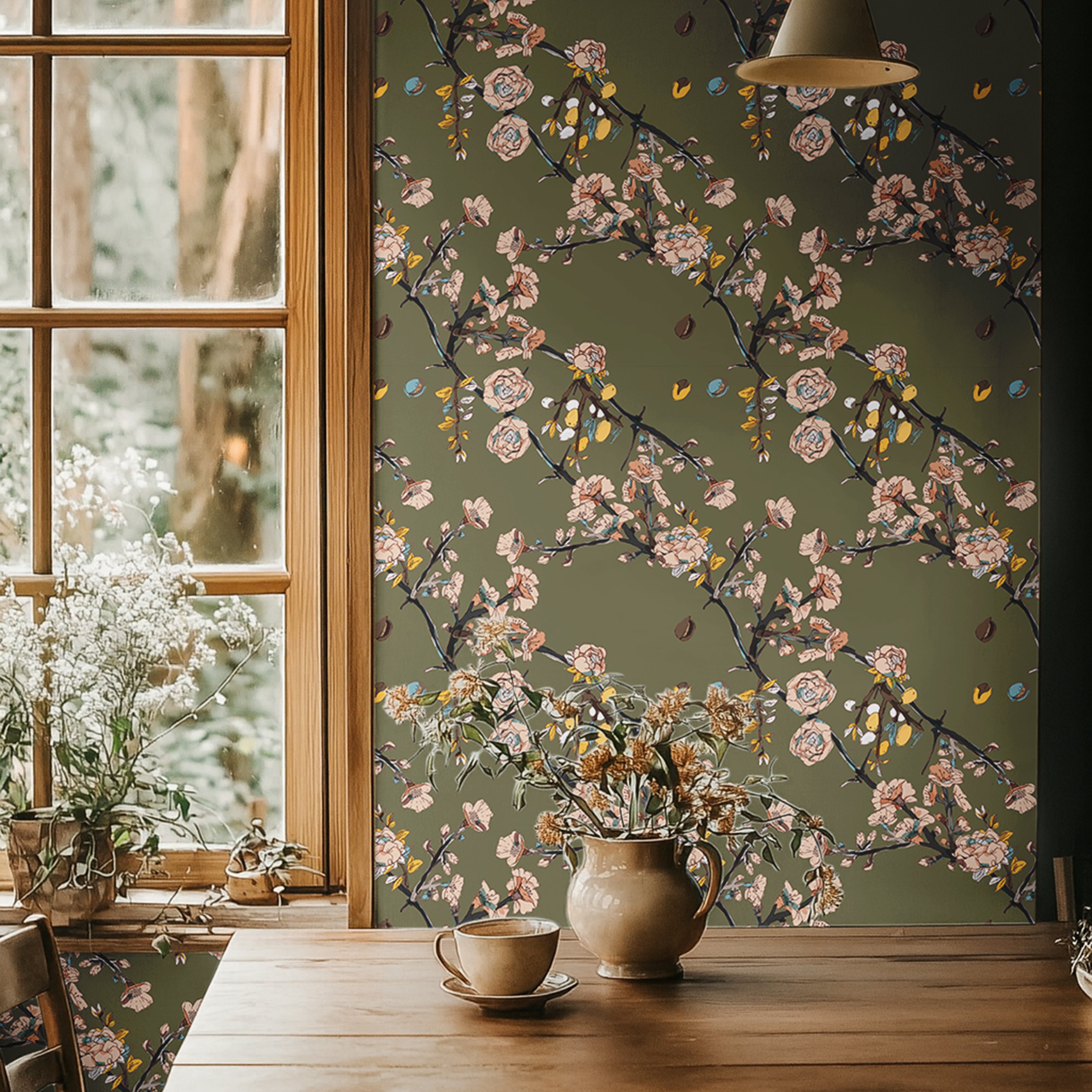 Blooming olive branches on army green background in warm dining room interior