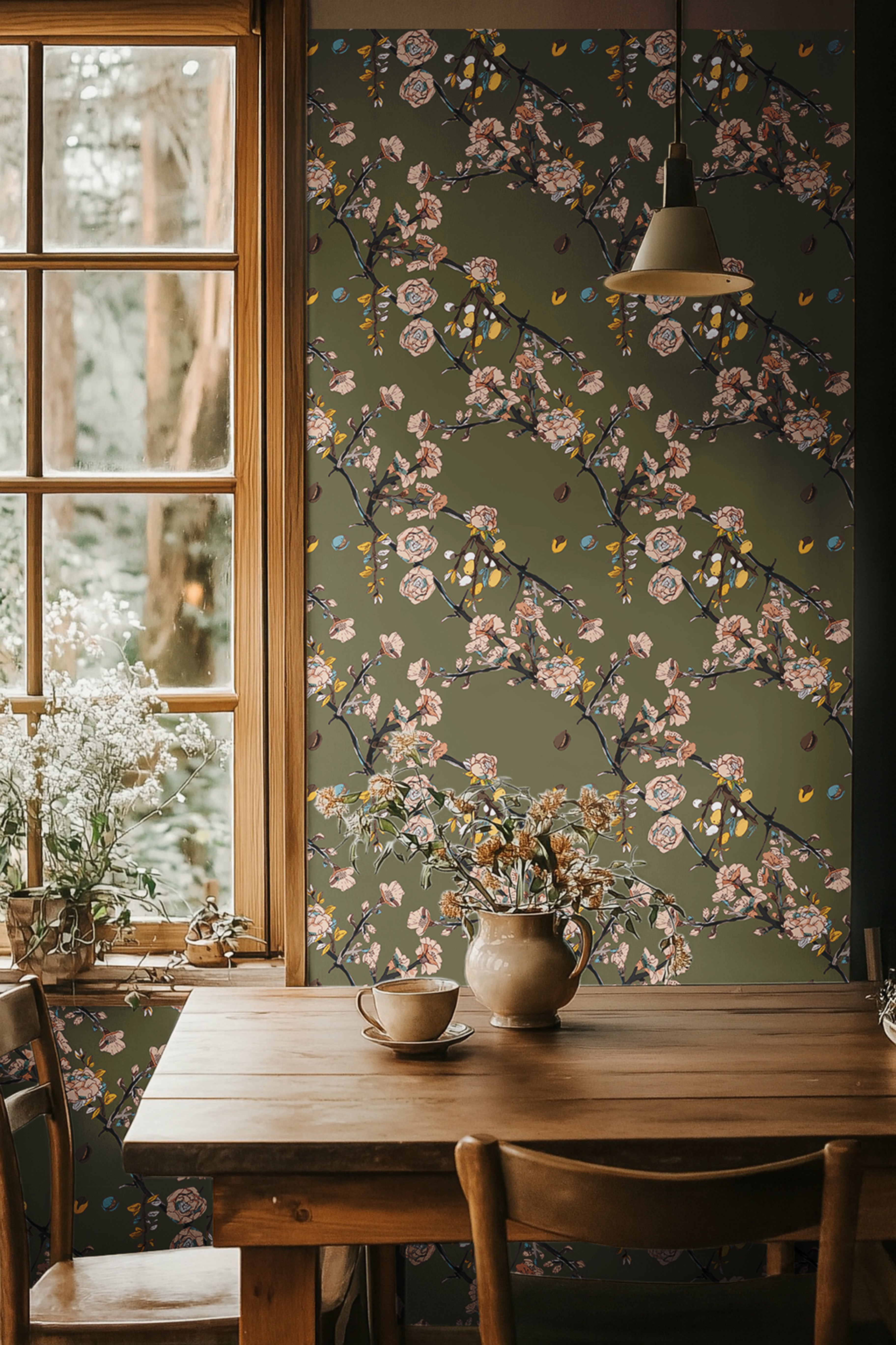 Blooming olive branches on army green background in warm dining room interior
