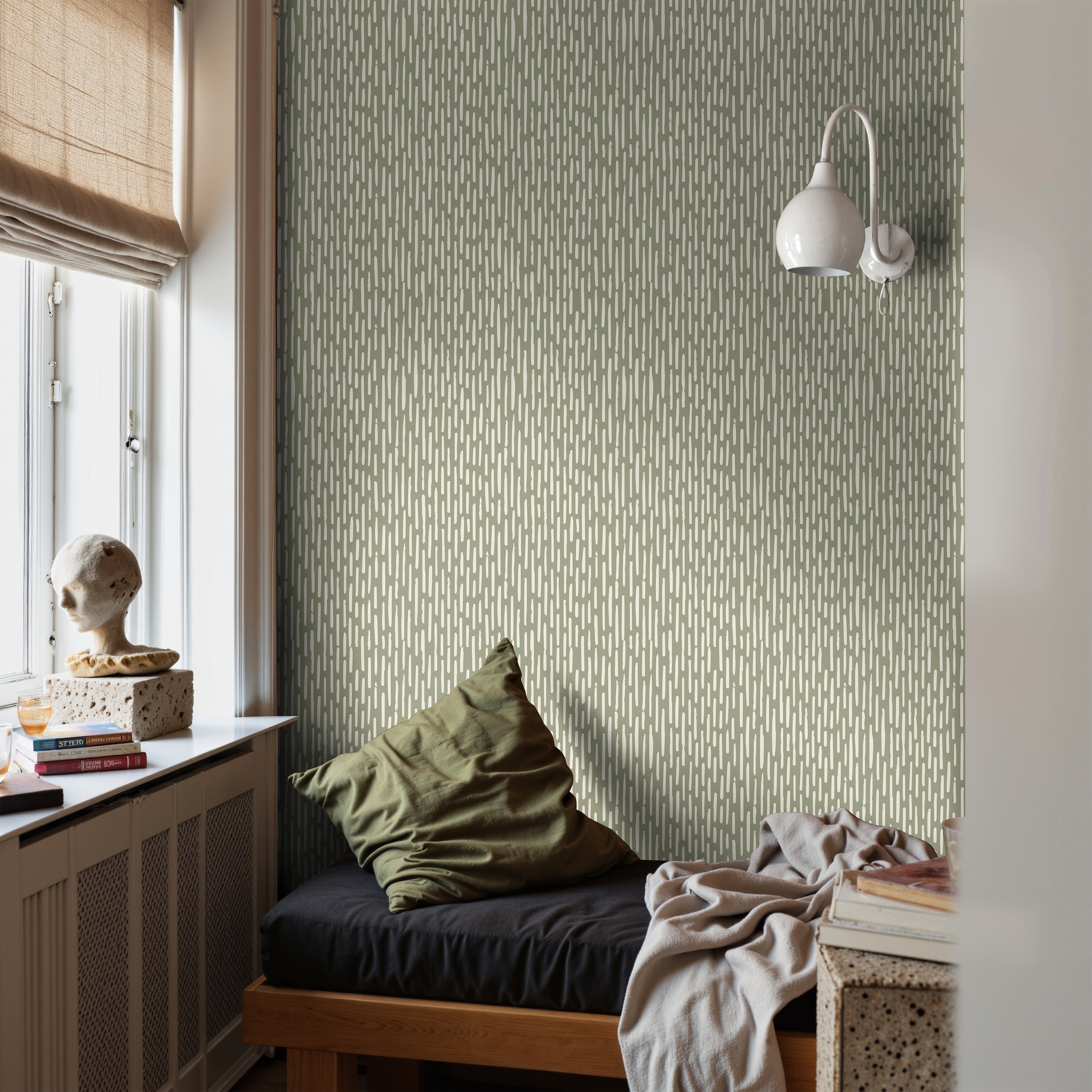 olive and cream vertical lines in teens bedroom