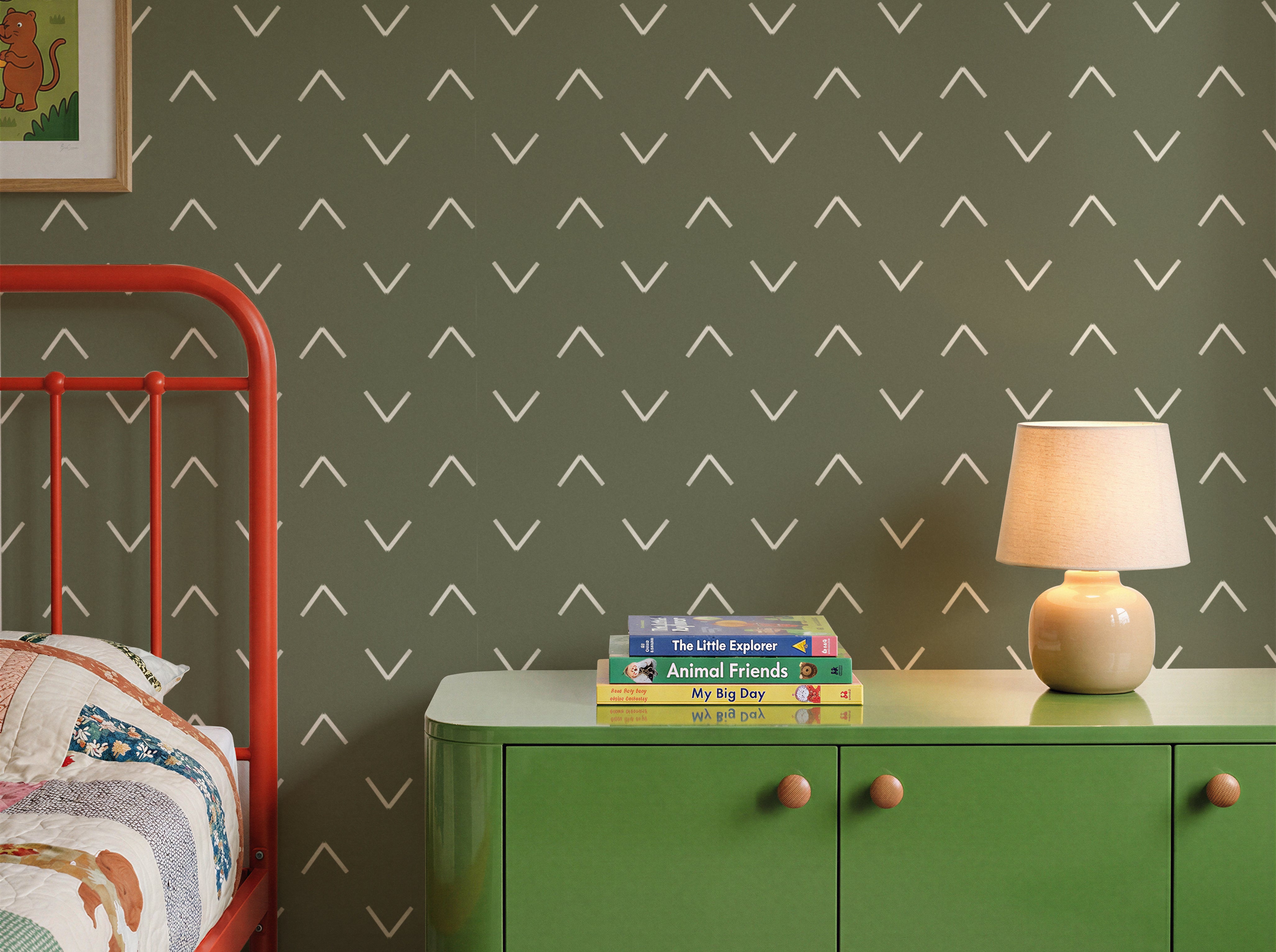 Olive green wallpaper with cream chevrons in a geometrical wave pattern in a colorful kids bedroom